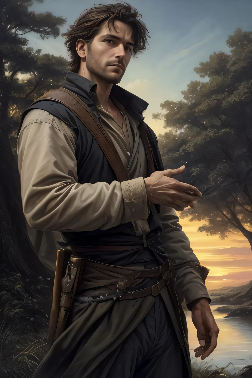 close up of 1 man, attractive, of scottish descent, rogue walking in the forest, at sunset, beautiful face, beautiful sky, (oil painting), classical art:0.4, detailed, intricate, (fantasy art), muted color:0.25, best quality, good anatomy, good composition, good proportions, good design, dynamic pose, good pose, realistic sky, realistic backgrounds, (cinematic), (highest quality, award winning, masterpiece:1.3), (art by Arthur Rackham:0.5), (((natural colors))), (photorealistic:1.4), ((empty hands, holding nothing)),