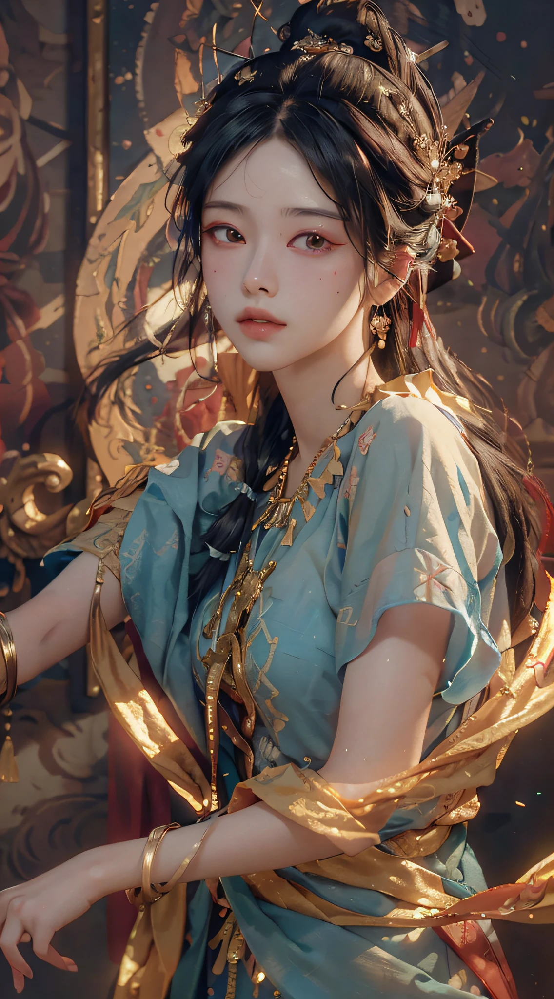 (RAW photo, best quality), (realistic, photo-realistic:1.3),best quality,highly detailed,masterpiece,ultra-detailed,illustration,1girl,upper_body,dynamic angle,world masterpiece theater,messy_long_hair,best quality,extremely detailed CG unity 8k wallpaper,ink,Amazing,cinematic lighting,lens_flare, dunhuang_style
