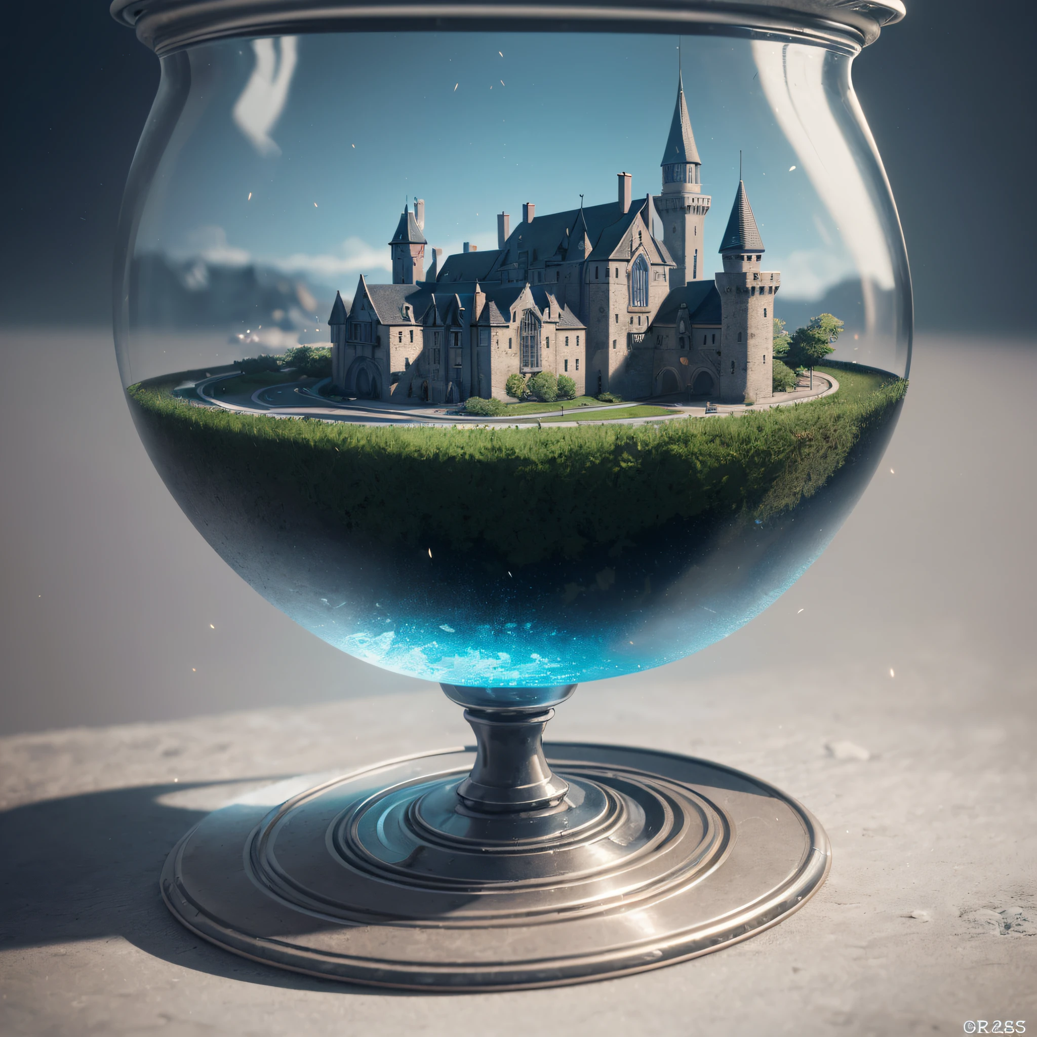 mini sence, (8K, OriginalPhotographs, Best quality, masterpiece:1.2), (Realistic:1.37),(medieval castle), Miniature, landscape,  (isometric), glass tank, in bowl, (8K, Best quality, masterpiece:1.2), (Realistic, photo-realistic:1.37), Ultra-detailed,Hyper-detailed photo realism by Greg Rutkowski - H1024W 804 | F16 lens mark 2:2 S 35555 mm film particles：1 realistic high-resolution sharp-focus contrast！Intricate in Unreal Engine 5's cinematic concept film masterpiece Octane、Detailed atmospheric refractive illumination shows the CGSociety trend