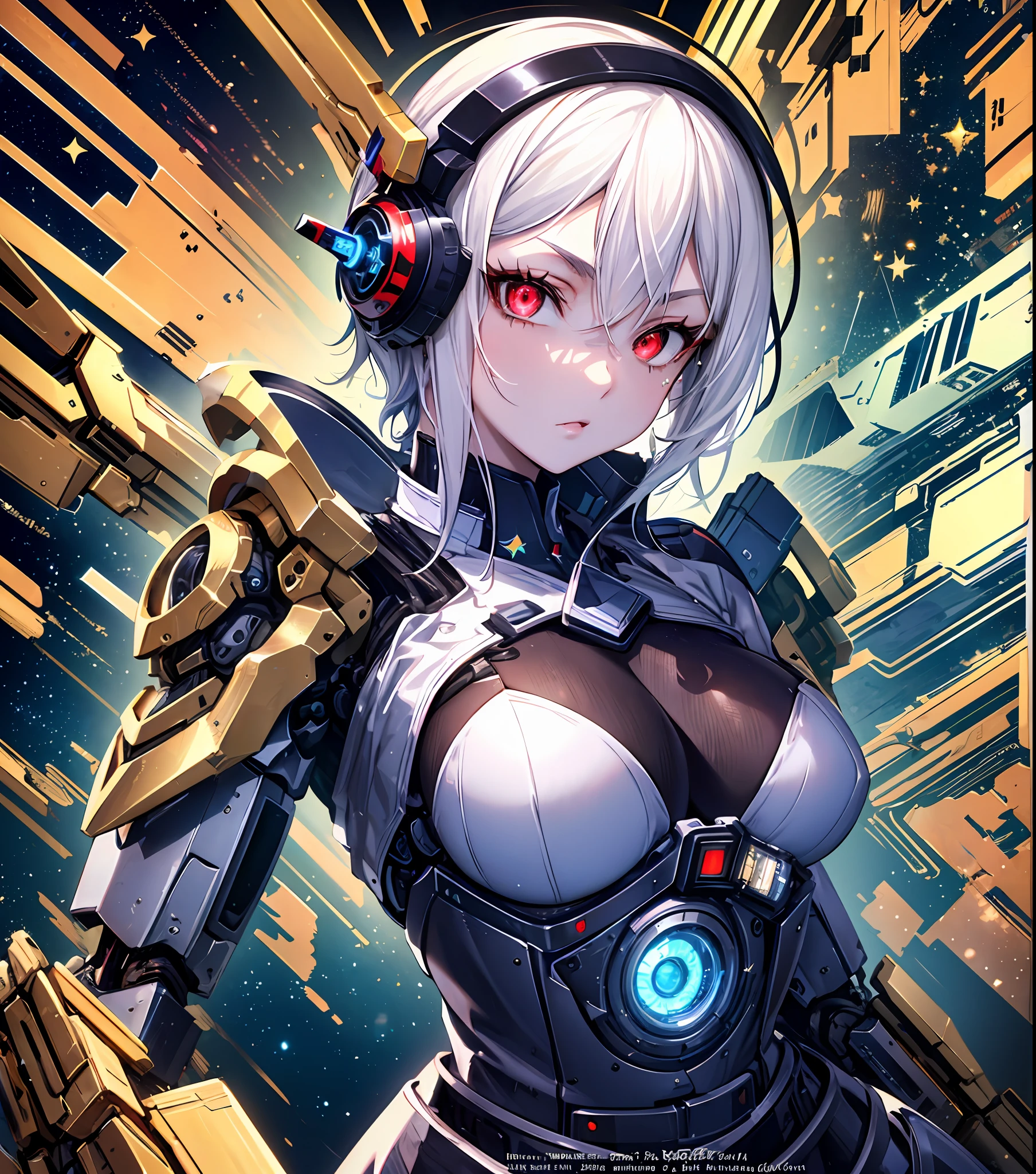 masterpiece, best quality, ultra-detailed, very detailed illustrations, extremely detailed, intricate details, high resolution, super intricate details, extremely detailed cg 8k wallpaper, cowboy photo, caustic, reflection, ray tracing, demon, nebula, dark aura, cybernetic effect, (1girl:1. 4), solo, alone, mecha, mechanical parts, robot joints, single mechanical arm, headgear, mechanical halo, star halo, intricate mechanical costume, mecha corset, full armor, white hair, hair between eyes, red eyes, glowing eye, eye trail, random expressions, random action, ancient japanese architecture, lake, starry sky, horizon.