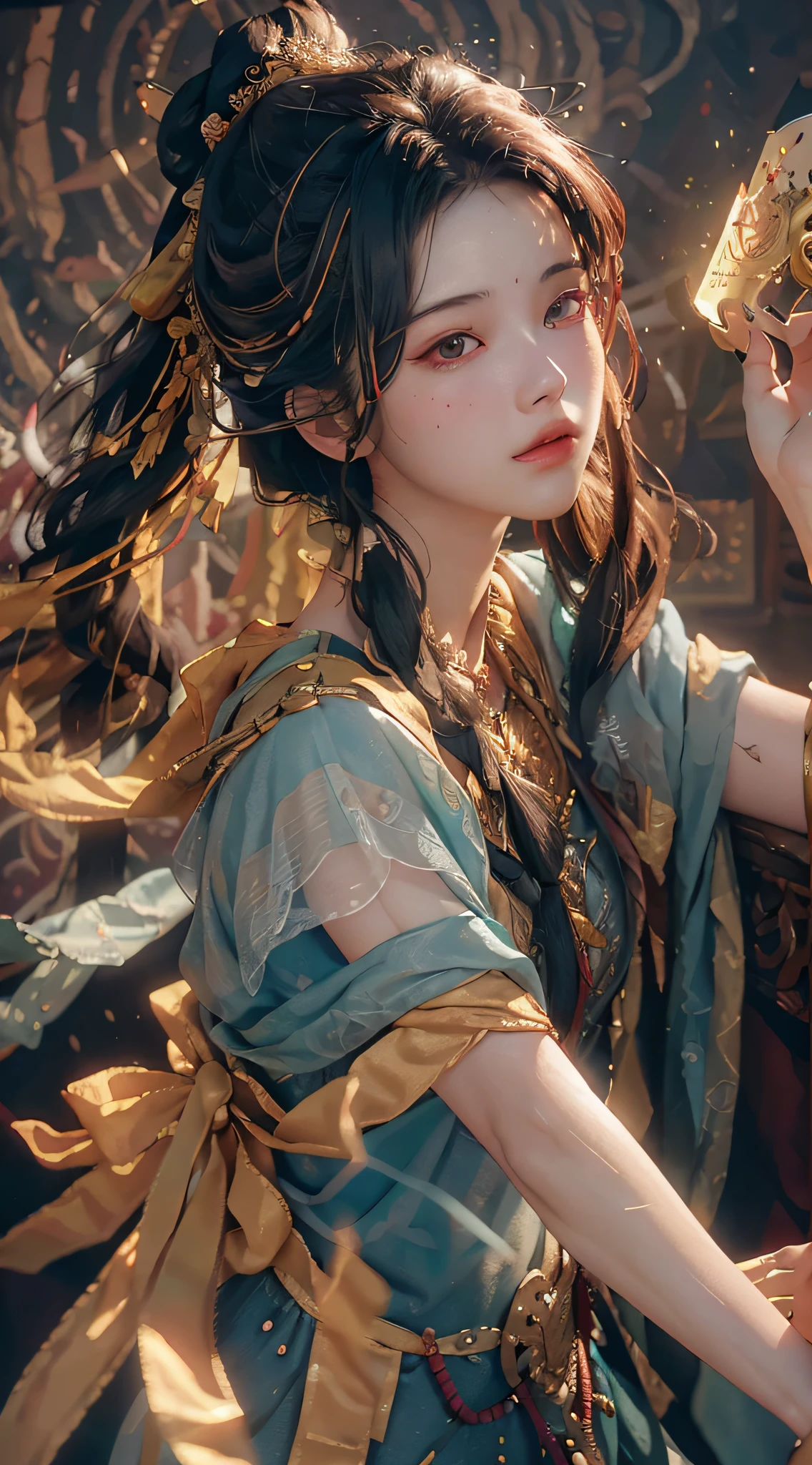 (RAW photo, best quality), (realistic, photo-realistic:1.3),best quality,highly detailed,masterpiece,ultra-detailed,illustration,1girl,upper_body,dynamic angle,world masterpiece theater,messy_long_hair,best quality,extremely detailed CG unity 8k wallpaper,ink,Amazing,cinematic lighting,lens_flare, dunhuang_style