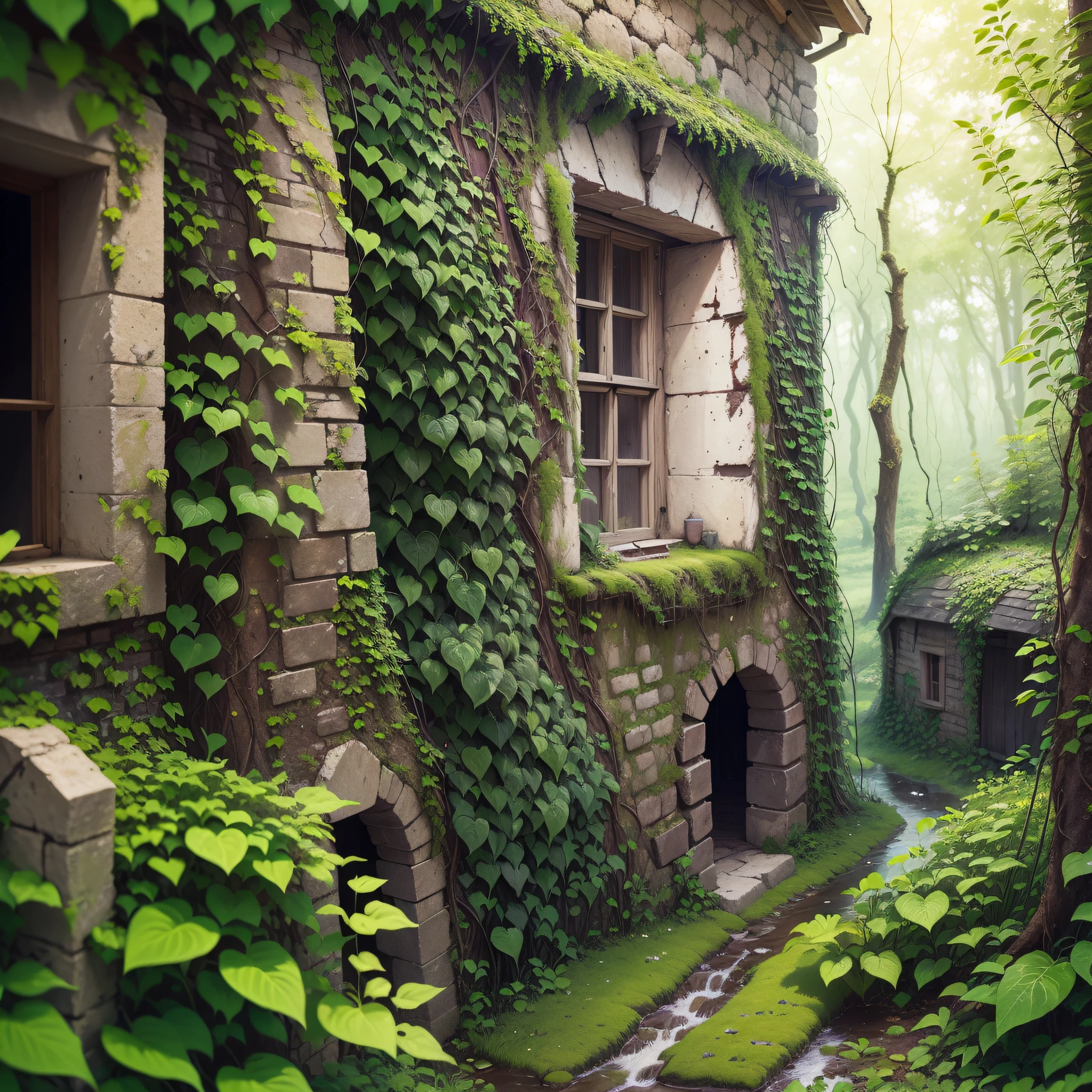 (number々Award-winning masterpieces of, with incredible detail, textures and maximum detail), (an ultra realistic:1.4), (Realistic:1.3), (best quality real texture skin), (There are several medieval huts built illegally and parasitically in a forgotten and desolate medieval fort), (With the remains of a medieval fort covered in moss and ivy), There are some slightly crumbling huts), (medieval architecture that is returning to nature), (Eroded by clear water), (Tree roots, ivy plants and beautiful plants crawling on stone walls), (Partially collapsed buildings: 0.6)