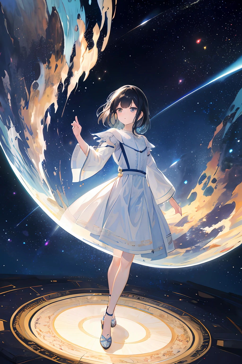 (Masterpiece: 1.2, highest quality), (Best lighting, very delicate and beautiful), (Best lighting, very delicate and beautiful), (Beautiful detailed face), (Detailed eyes and detailed face: 1.2), highest quality, ultra-high resolution, ultra-luxury illustration, fantasy art, , full body, wide lens, black hair, High angle shot, standing in a semicircular glass dome, bird's eye view, magnificent, space, cute, natural face, galaxies with stars with light in the air (detailed painting: 0.174),