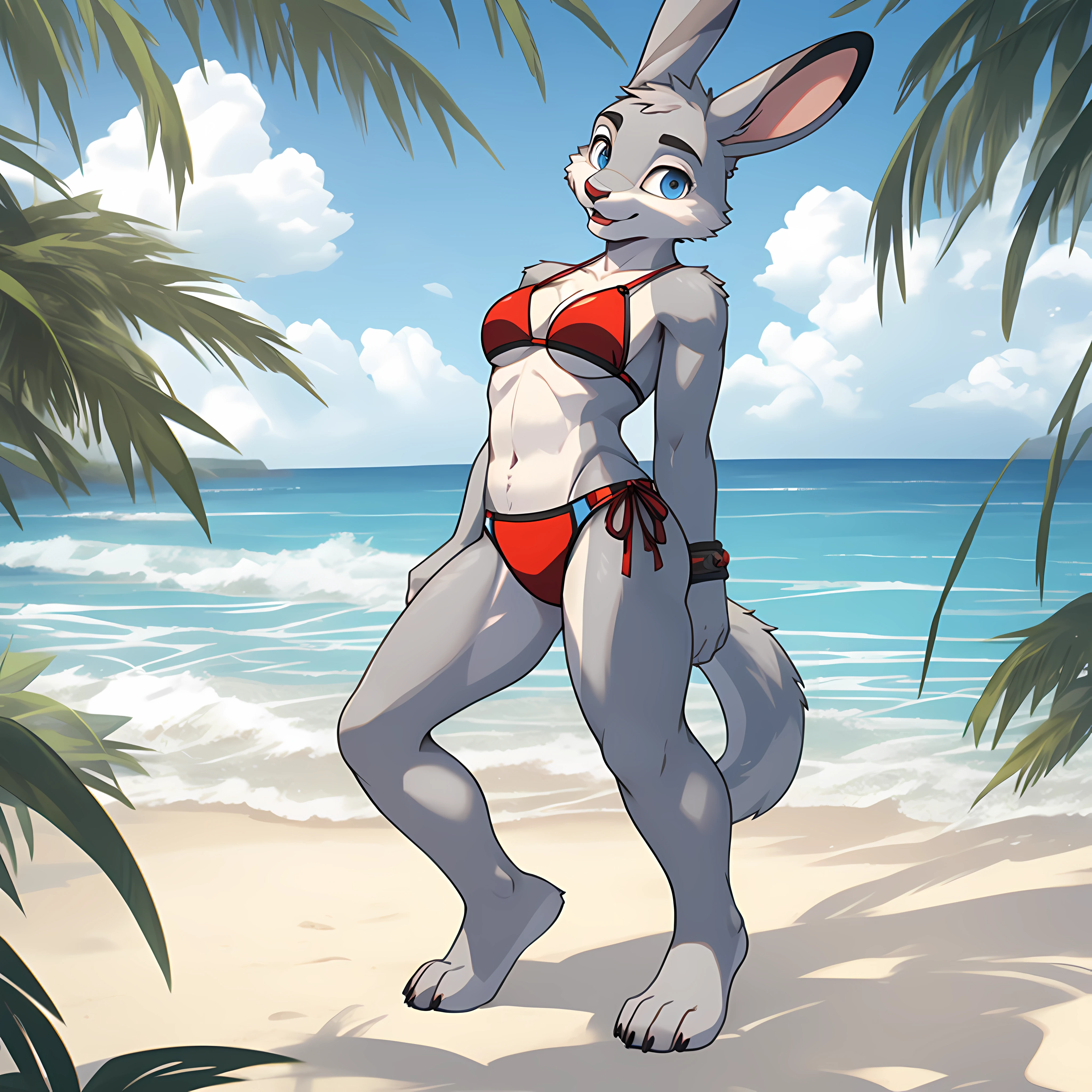 JudyHopps, bikini, praia,, coxa grossas, cintura fina, seios pequenos, bikini apertado marcando, r, seios, antro, pernas extremamente detalhadas, extremely detailed arms, rosto extremamente detalhado, olhos perfeitamente detalhados, anatomia perfeitamente detalhada