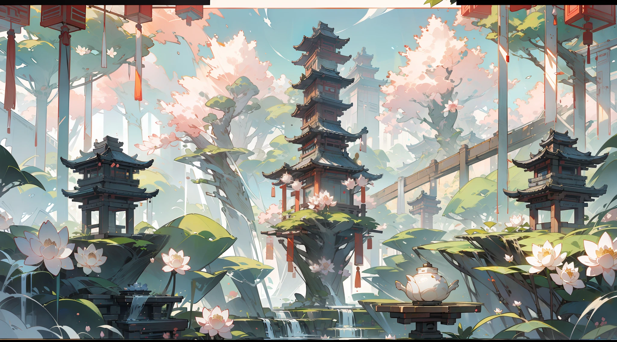 Antique game scene design,massive trees,florals,Lotus architecture,Floating table,A blue sky,white cloud,Chinese ink painting high angle angle OC rendering sculpture