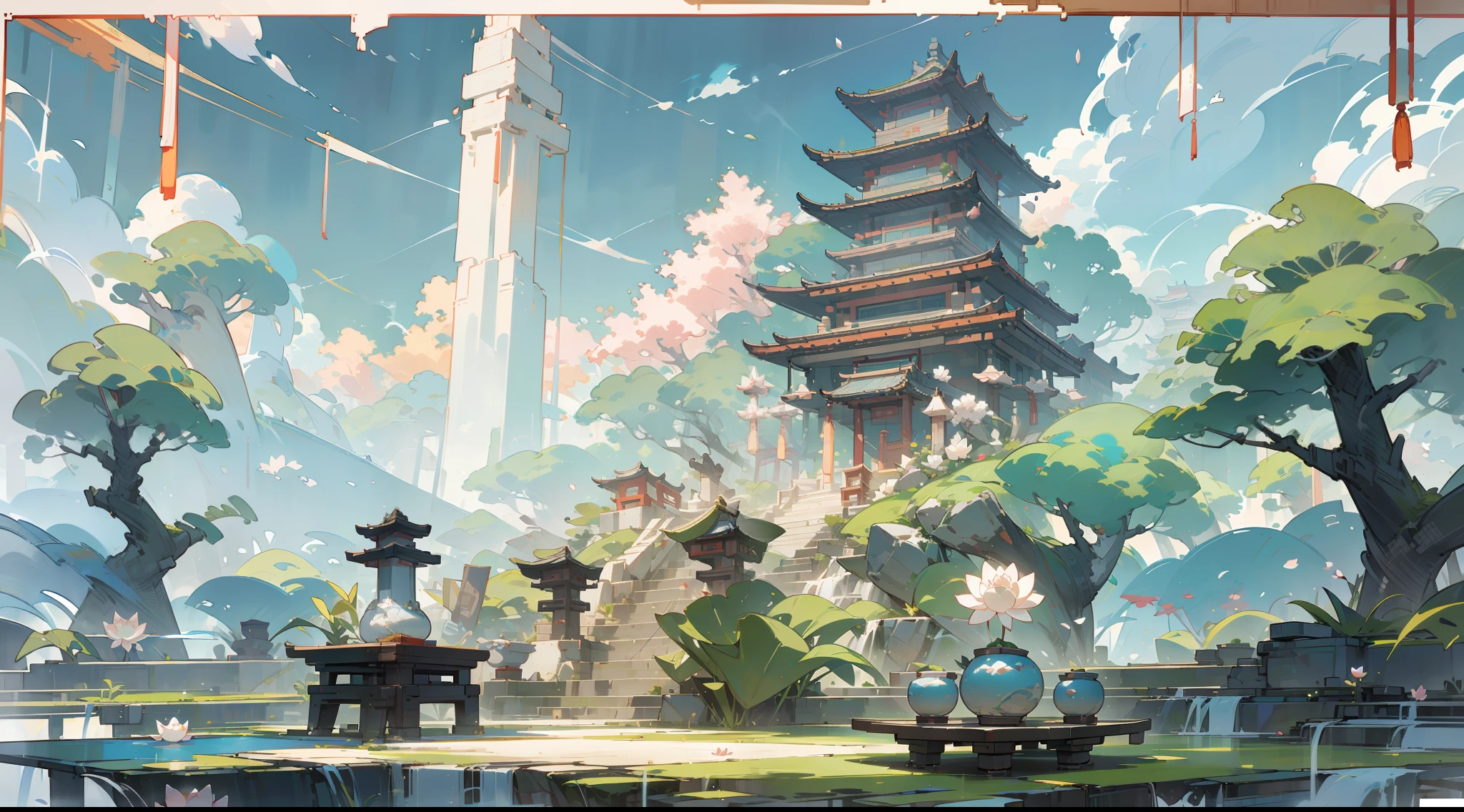 Antique game scene design，massive trees，florals，Lotus architecture，Floating table，A blue sky，white cloud，Chinese ink painting high angle angle OC rendering sculpture