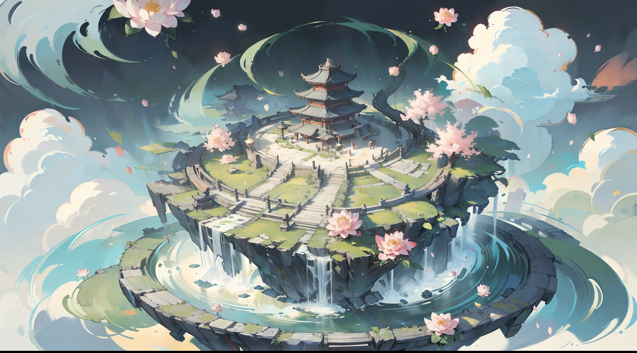 Antique game scene design,florals,Cloud,a blue sky,Lotus levitation table,Unbridled fantasies,Chinese ink painting high angle angle OC rendering sculpture