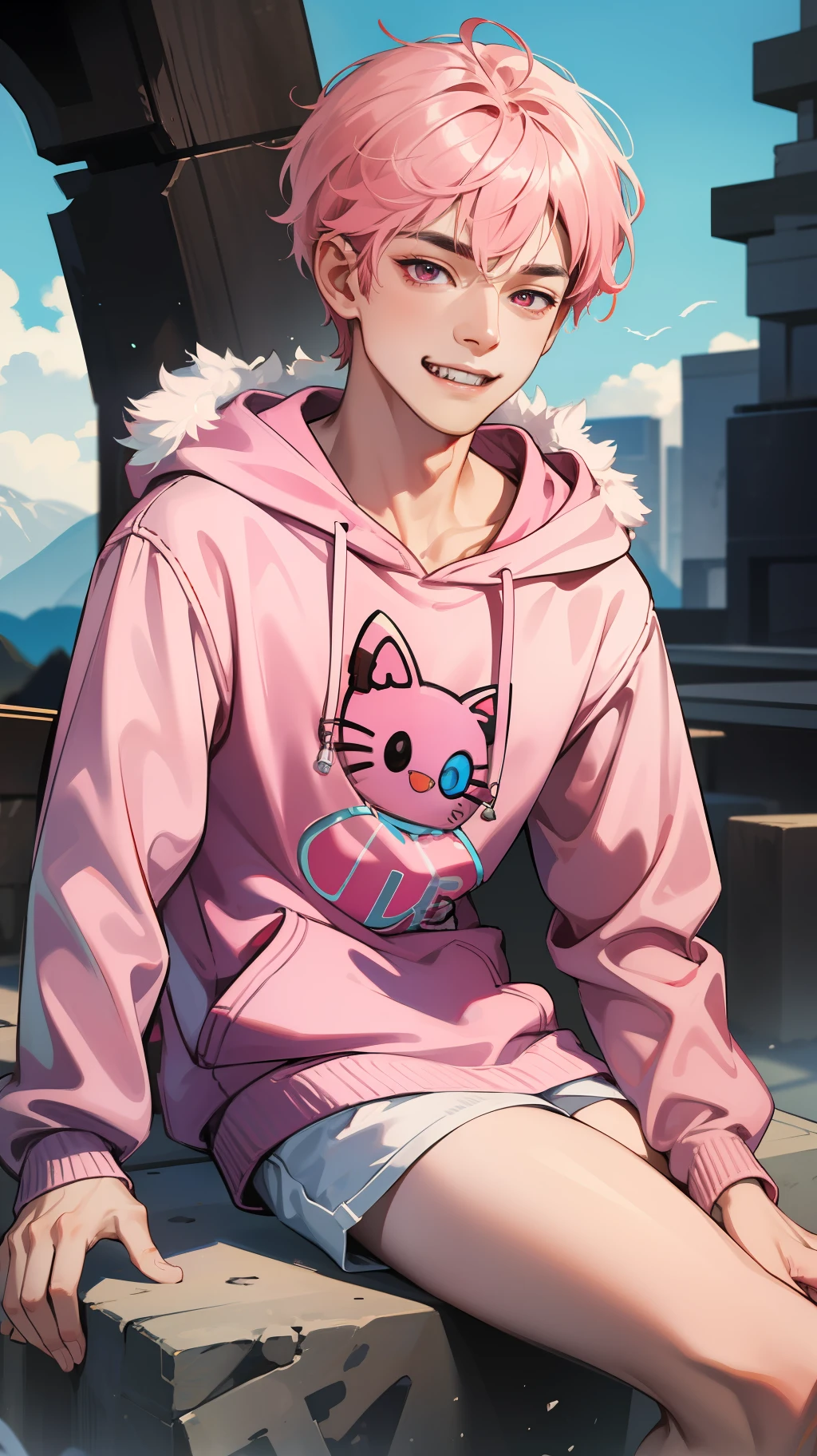 Absurdres, intricate details, masterpiece, best quality, ultra high res, 8k, 1boy, male, big hoodie, skinny, slender, white shiny skin, light smile, big pink eyes, eye reflections, short pink hair, outdoor, hello kitty, adorable scenery, (sharp fangs:1), fur trimmed hoodies