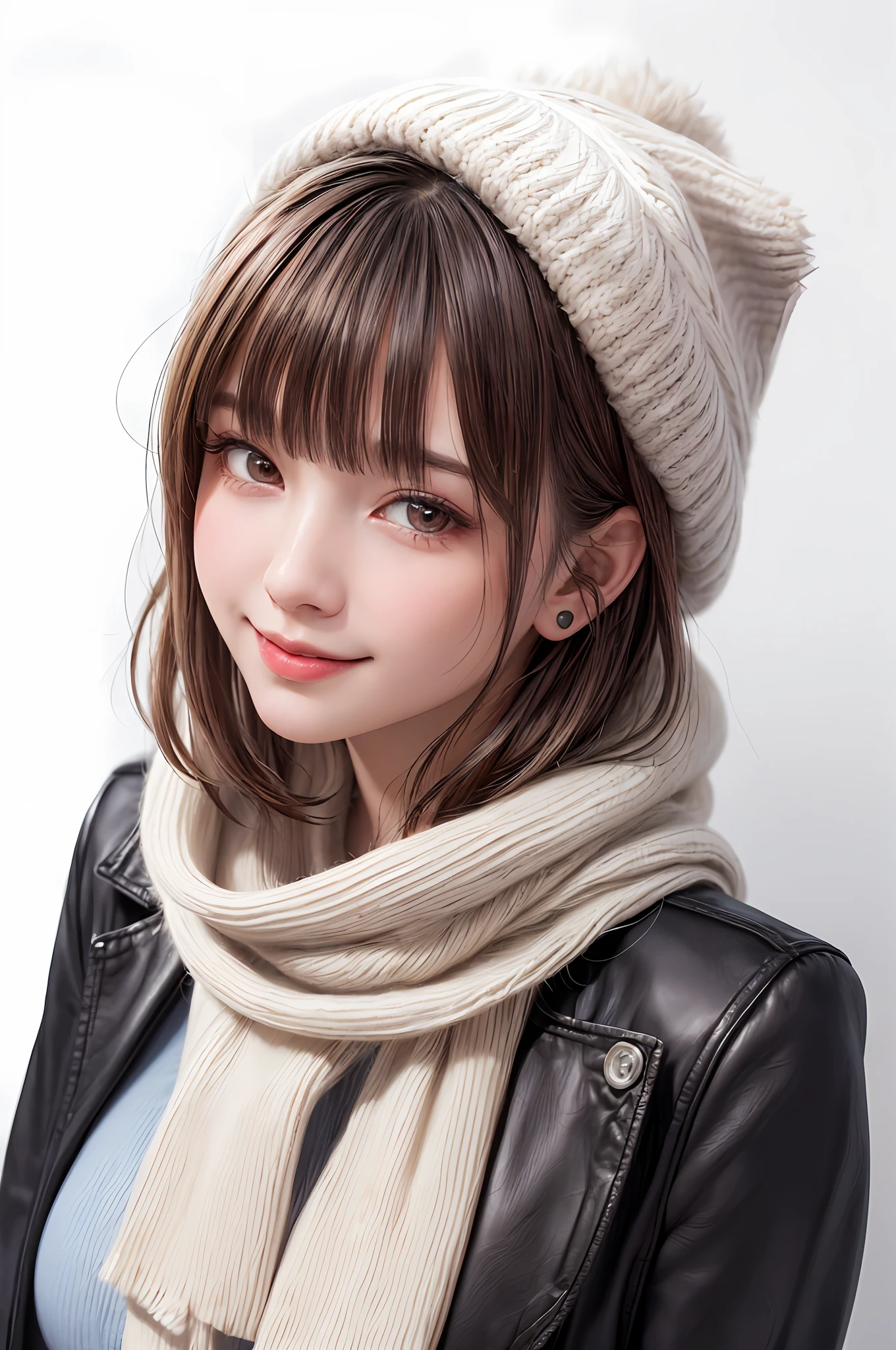 (masterpiece, best quality),1 girl, solo, black hair, scarf, hat, real, real, look at viewer, light colored black eyes, short hair, brown coat, winter clothes, white scarf, lips, bangs, outdoors, closed mouth, upper body, big eyes, eyelashes, (((really nothing background, really pure white background)), (short hair with bangs, big eyes, big breasts, staring at the viewer, beautiful beauty, Ears out, long neck, smile a little, close your mouth and smile))),