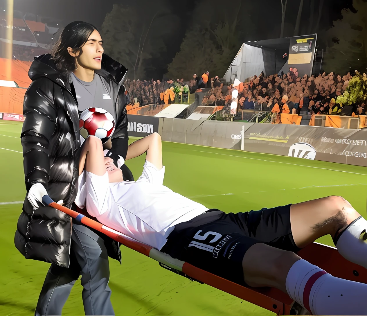 there is a male soccer player in short sportswear lying injured on a stretcher, there is an injured sportsman who is covering his face on a stretcher, an injured sportsman is covering his face with his hands, an injured sportsman is writhing ecstatic in pain on a stretcher, dramatic pity pose, there is a very female woman in a high-shine coat, a high-shine black wetlook coat, a long shiny coat, a wetlook glossy coat, a wet black laquered coat, a very female looking wife is wearing a wetlook coat, injured, medic, soccer action pose, affection pose, lecherous action pose, dramatic action pose, theatralic pose, there is an attractive woman that is carrying a suffering man on a stretcher, there is a beautiful woman in a shiny coat who is carrying a blond man on a wet orange stretcher, a longhaired beautiful woman in a high-shine coat, a longhaired woman in a shiny downcoat, a woman is carrying a stretcher with a shorthaired man who is wearing shorts and a t-shirt, a weak man in spots shorts is consciousless and needs to be carried on a wetlook pvc stretcher, a shorthaired man with closed eyes is carried on a stretcher by a longhaired woman, a woman looks very scared and terrified, a consciousless man with closed eyes is suffering very much and has a very painful face, photo, photo shoot, photographed , accident, help, aid, first aid, pity