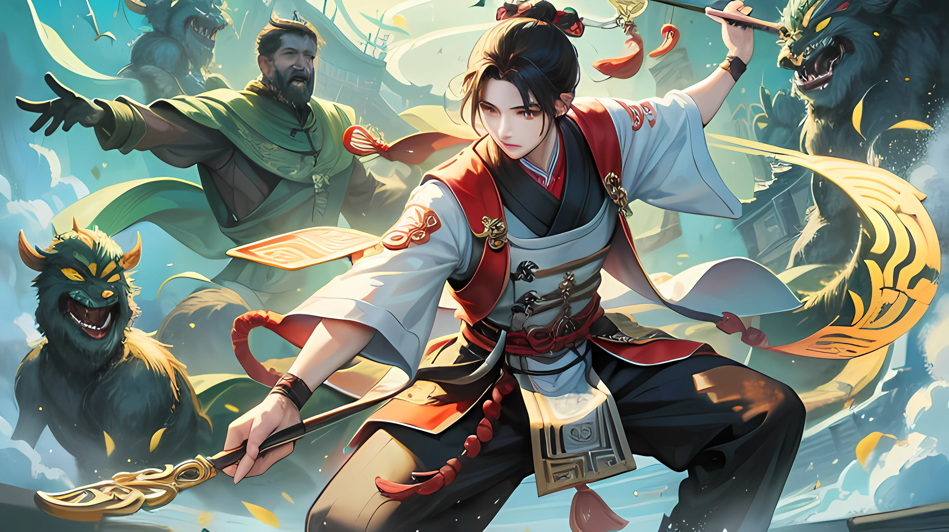 Mythical characters Nezha The Third Prince of the Dragon Fierce battle in the sea
Storm Flame Burning Waves Lightning
The color scheme is bright,Don't be too gray