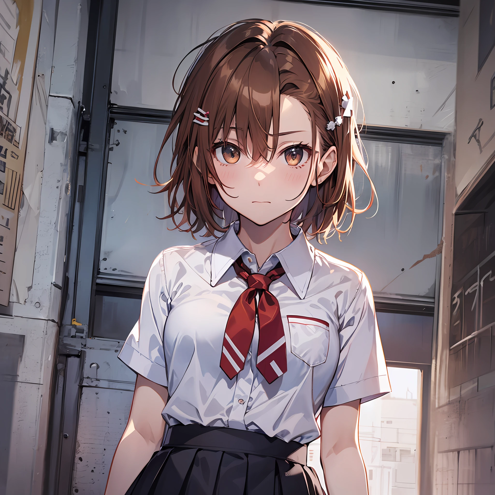 the best qualityt, Misaka_mikoto, brown eyess, Short_hair, Small_Breast, looking at the viewers, 独奏, Closed_Mouth, collars_Shirt, School_uniform, shirts, whited_Shirt, , class room fully body miniskirts Cool look sexypose