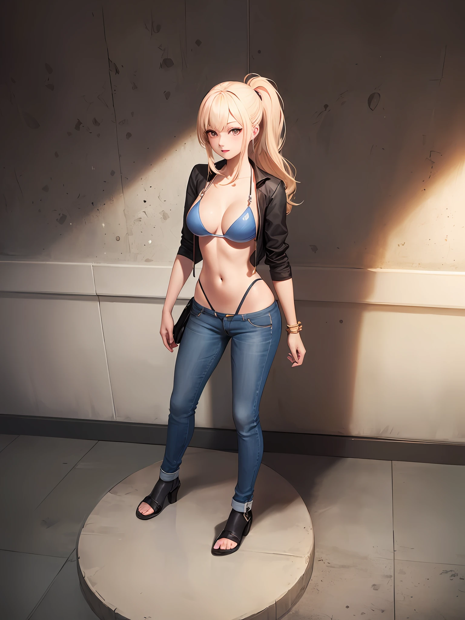 a beautifu,  Low-rise jeans, bikini top、High heel、Beautiful highschool girl, pony-tail, Full Body, highly detailed full body, , Highly detailed body,