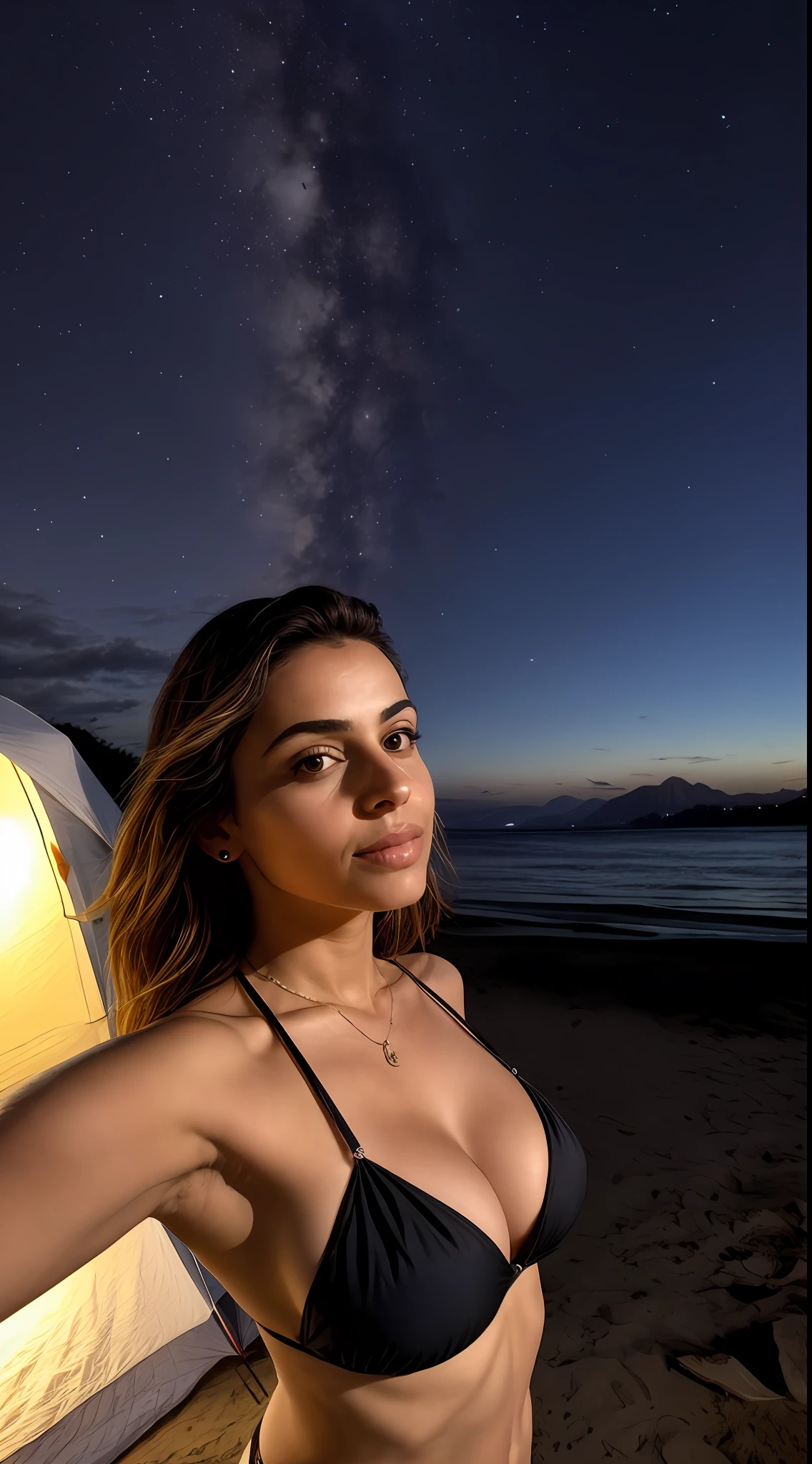 1 mulher negra, pele negra, ((selfie da parte superior do corpo, Feliz)), obra-prima, melhor qualidade, ultradetalhada, somente, ao ar livre, (noite), praia, mars, (estrelas, ..lua) Pensativa, Contemplativa, Saco de dormir, camping stove, water bottle, stringbikini, coqueiros, pedras, rio, madeira, smoke, Sombras, contraste, clear sky, sunset, Estilo , (matiz quente, tom quente): 1.2), Close-up, luz cinematografica, sidelighting, ultra high resolution, melhor sombra, .RAW