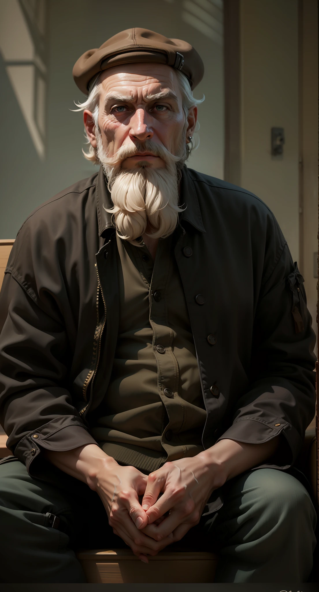 ultra realist,8K,Kind expression,No earrings,Finger details are real,The beard is a little longer,The hat is a little older,