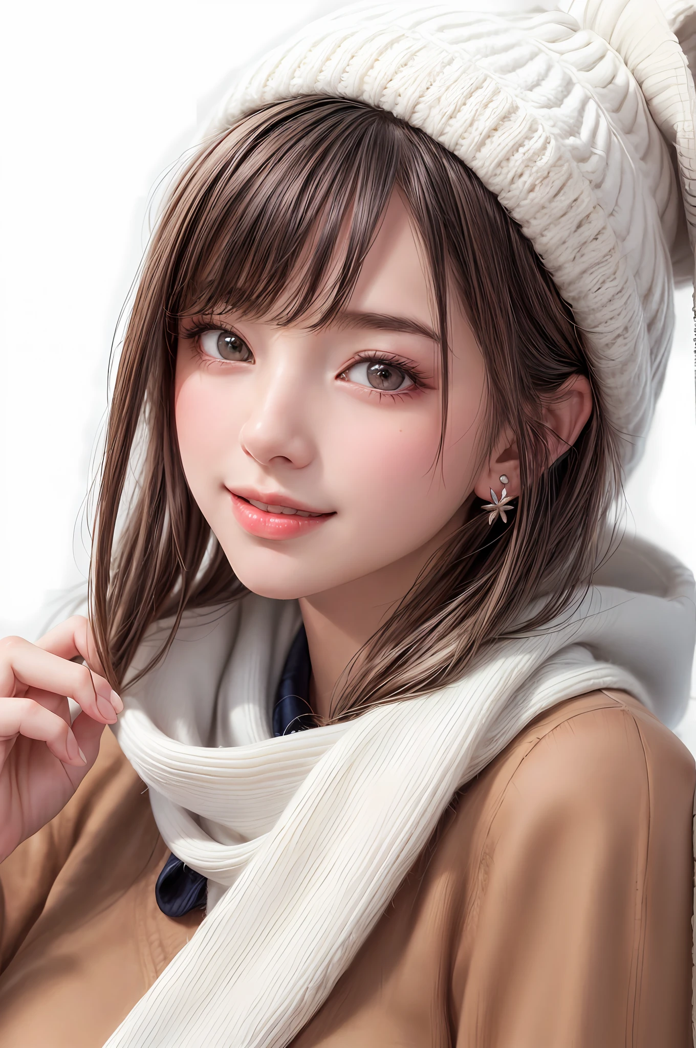 (masterpiece, best quality),1 girl, solo, black hair, scarf, hat, real, real, look at viewer, light colored black eyes, short hair, brown coat, winter clothes, white scarf, lips, bangs, outdoors, closed mouth, upper body, big eyes, eyelashes, (((really nothing background, really pure white background)), (short hair with bangs, big eyes, big breasts, staring at the viewer, beautiful beauty, Ears out, long neck, smile a little, close your mouth and smile))),