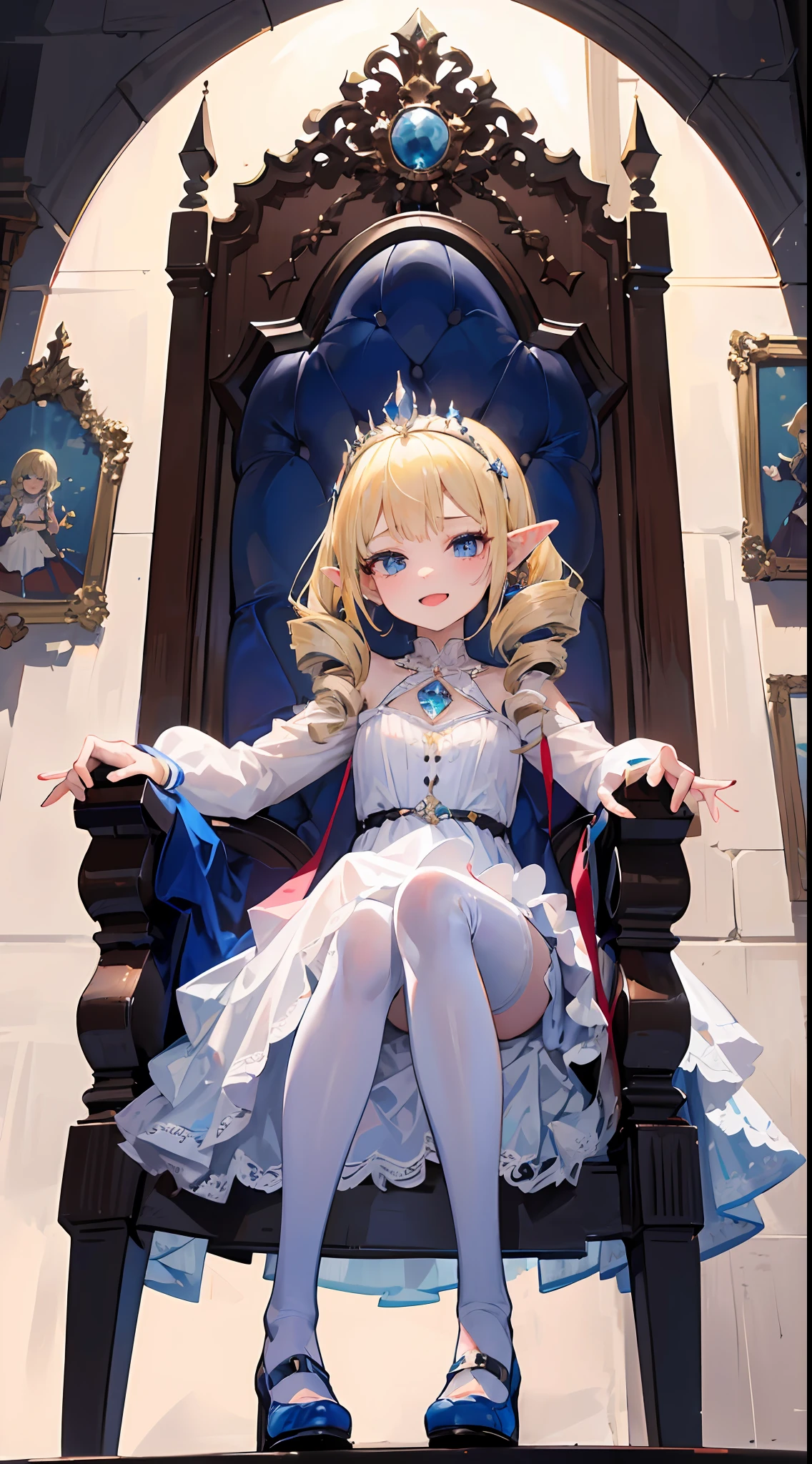 best qulity，The Masterpiece，ultra-highresolution，Elven Palace，(From below)，diadem，Long white dress，1 ***********,(***********)，cinematic lighting，(((twin drills))),blondhair，Blue eyes，Female imps，Laughing mockingly，sitting on an royal throne，Jirou legs，Long white stockings，