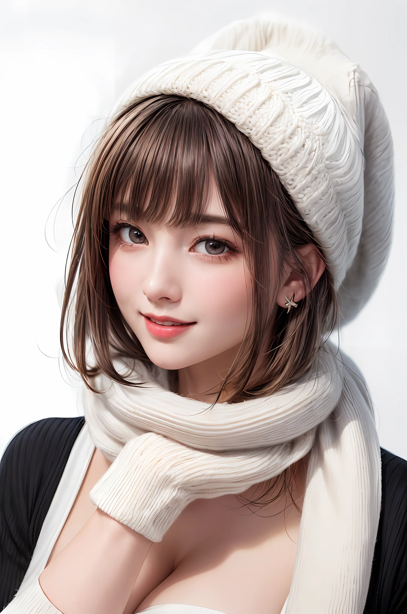 (masterpiece, best quality),1 girl, solo, black hair, scarf, hat, real, real, look at viewer, light colored black eyes, short hair, brown coat, winter clothes, white scarf, lips, bangs, outdoors, closed mouth, upper body, big eyes, eyelashes, (((really nothing background, really pure white background)), (short hair with bangs, big eyes, big breasts, staring at the viewer, beautiful beauty, Ears out, long neck, smile a little, close your mouth and smile))),