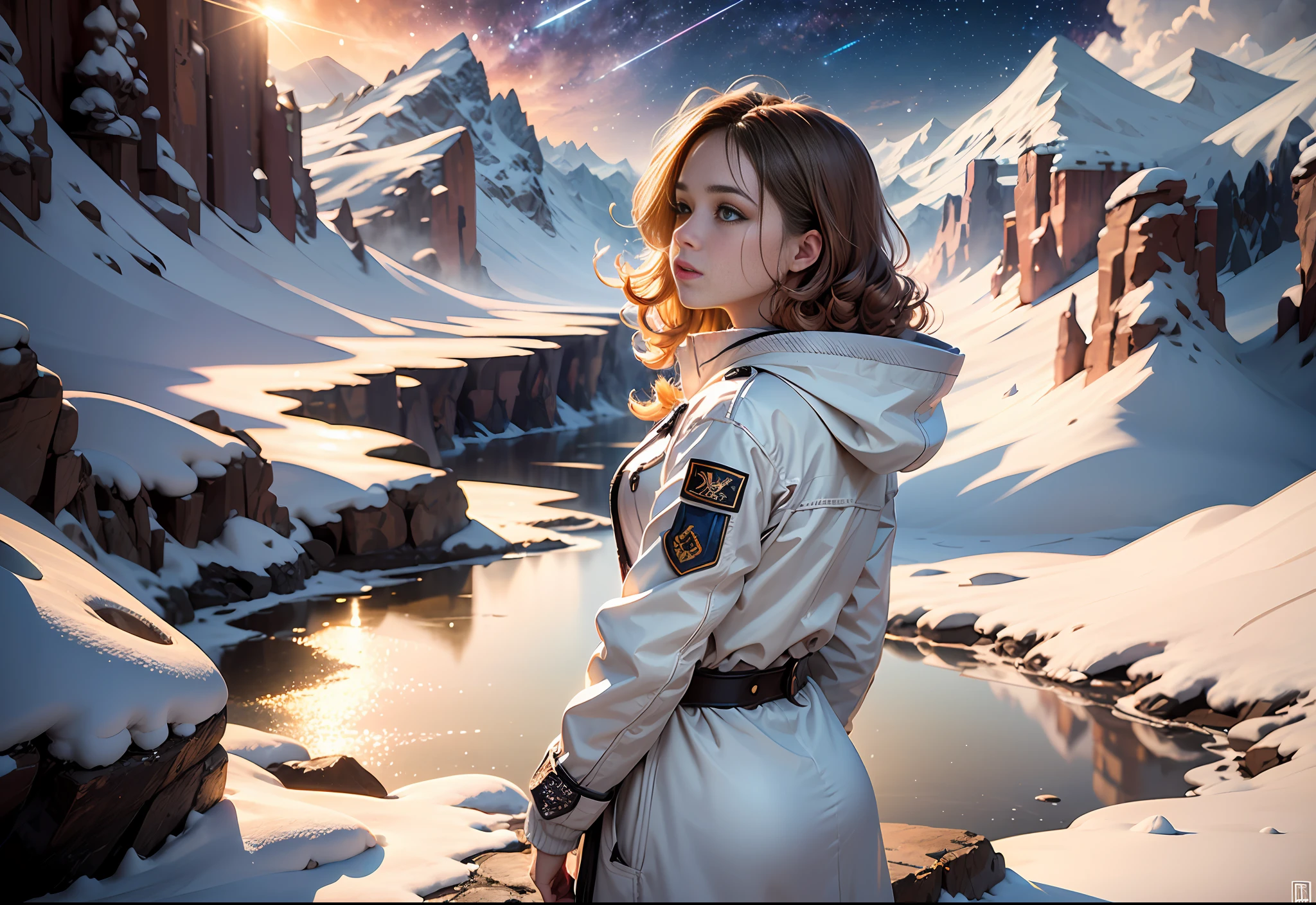 (award winning 64k concept art:1.3) of (young woman looking up standing over the valley:1.2), in white coat, sweet, front, epic, god rays, (masterpiece:1.4), (best quality:1.4), Amazing, highly detailed, beautiful, finely detailed, warm soft color grading, (Depth of field:1.4), extremely detailed 64k, fine art, (valley in the background), stunning, (light reflections:1.2), (crisp:1.6), gold short curls, winter, vibrant, starry sky, (edge detection:1.4), absurdres, impressive, 120mm, extremely clear, lens flare, motion lines, symmetrical clothes, wide shot, wide angle