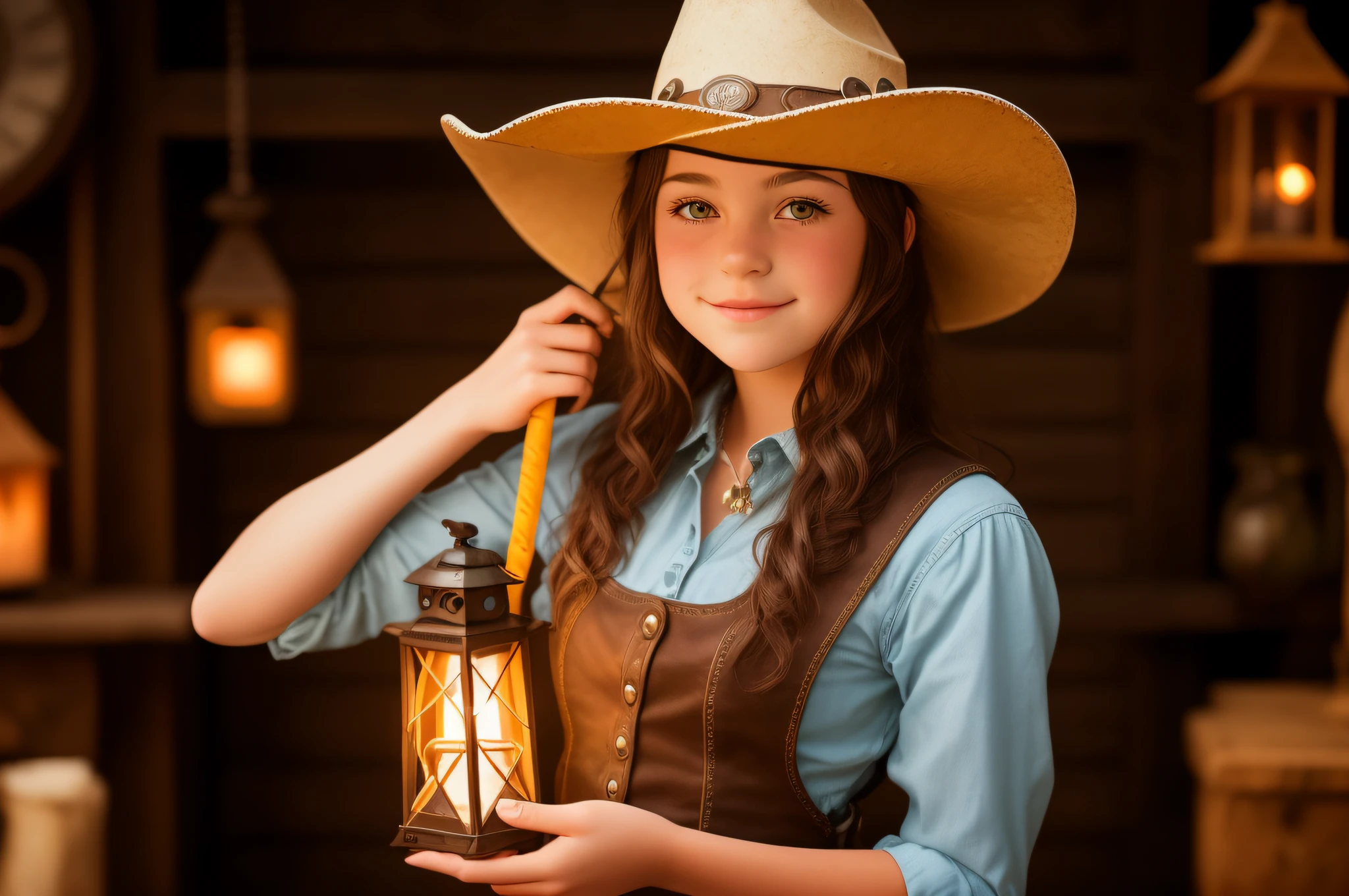 arafed girl in a cowboy hat holding a lantern, holding a lantern, cowgirl, girl under lantern, western cowgirl, dressed as a western sheriff, cow-girl, beautiful cowboy witch, young girl in steampunk clothes, female cowgirl, girl, by Linda Sutton, ???, lighting, photo of the girl, wearing a cowboy hat, next gen, portrait rugged girl