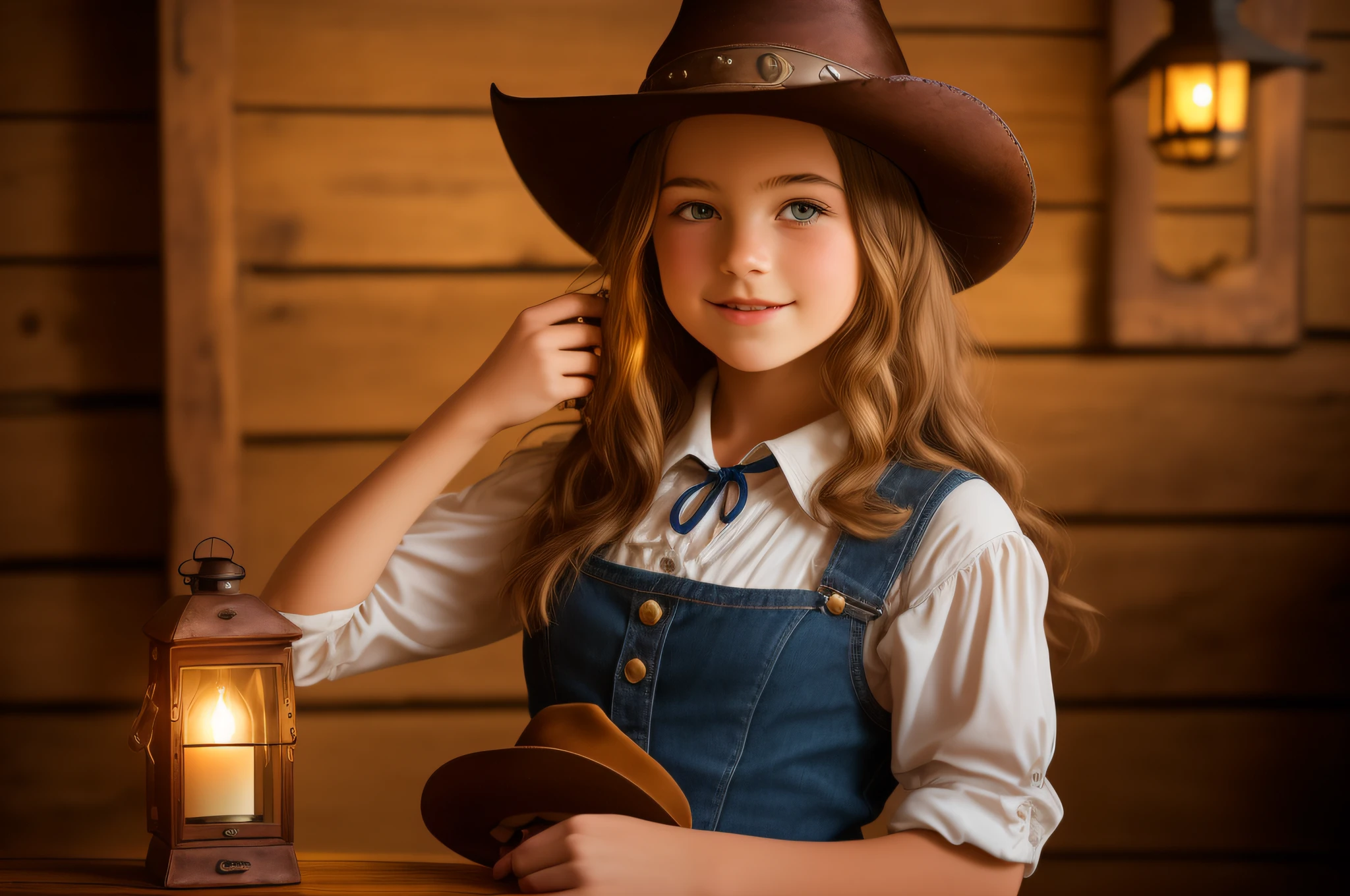 arafed girl in a cowboy hat holding a lantern, holding a lantern, cowgirl, girl under lantern, western cowgirl, dressed as a western sheriff, cow-girl, beautiful cowboy witch, young girl in steampunk clothes, female cowgirl, girl, by Linda Sutton, kid, lighting, photo of the girl, wearing a cowboy hat, next gen, portrait rugged girl