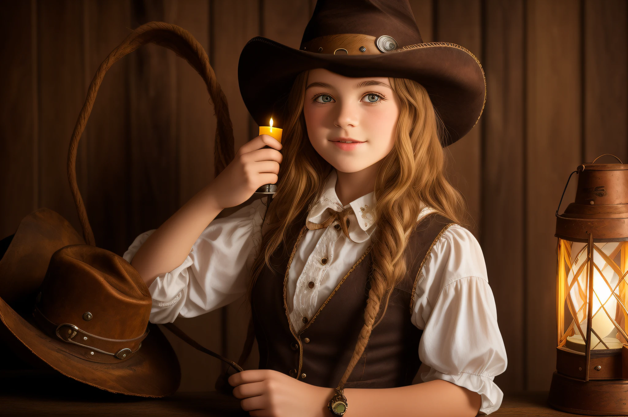 arafed girl in a cowboy hat holding a lantern, holding a lantern, cowgirl, girl under lantern, western cowgirl, dressed as a western sheriff, cow-girl, beautiful cowboy witch, young girl in steampunk clothes, female cowgirl, girl, by Linda Sutton, , lighting, photo of the girl, wearing a cowboy hat, next gen, portrait rugged girl