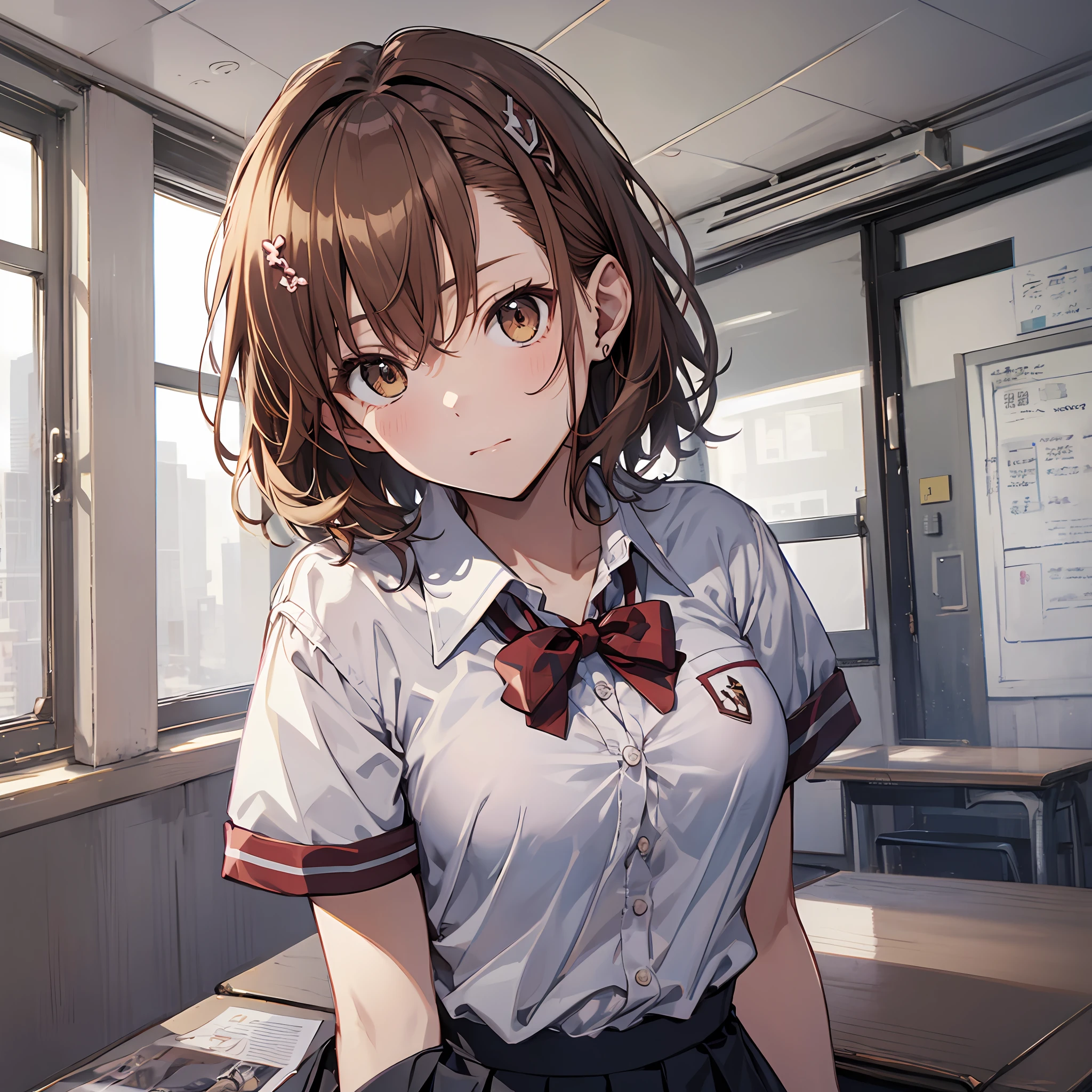 the best qualityt, Misaka_mikoto, brown eyess, Short_hair, Small_Breast, looking at the viewers, 独奏, Closed_Mouth, collars_Shirt, School_uniform, shirts, whited_Shirt, , class room　fully body　miniskirts　Cool look　sexypose