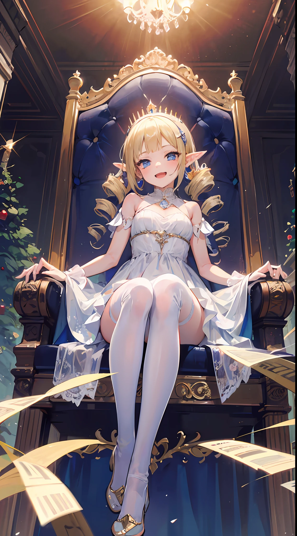 best qulity，The Masterpiece，ultra-highresolution，Elven Palace，(From below)，diadem，Long white dress，1 little girl,(8 years old)，cinematic lighting，(((twin drills))),blondhair，Blue eyes，Female imps，Laughing mockingly，sitting on an royal throne，Jirou legs，Long white stockings，