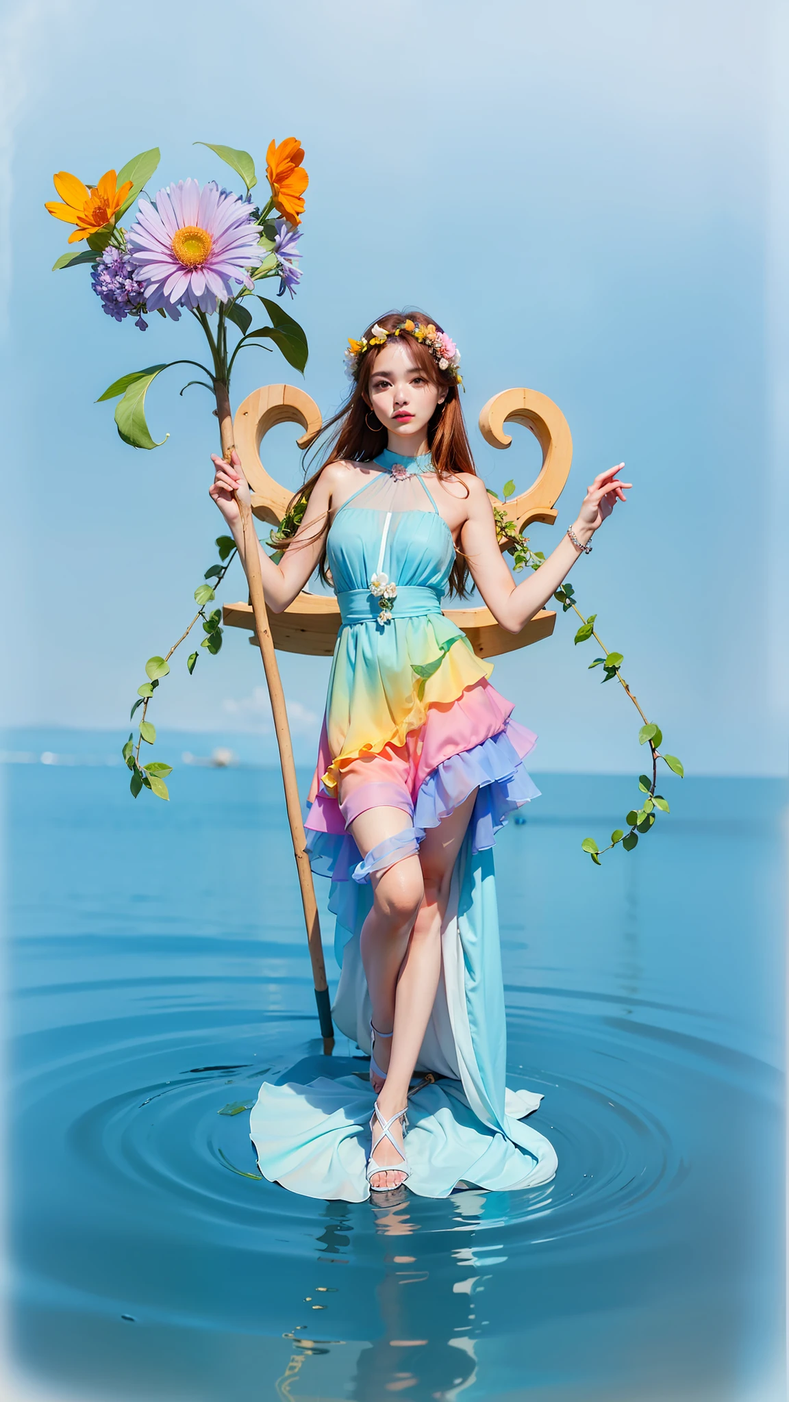 1girl, floral dress, brown-orange hair, nature vibe, blue dress, flower stick