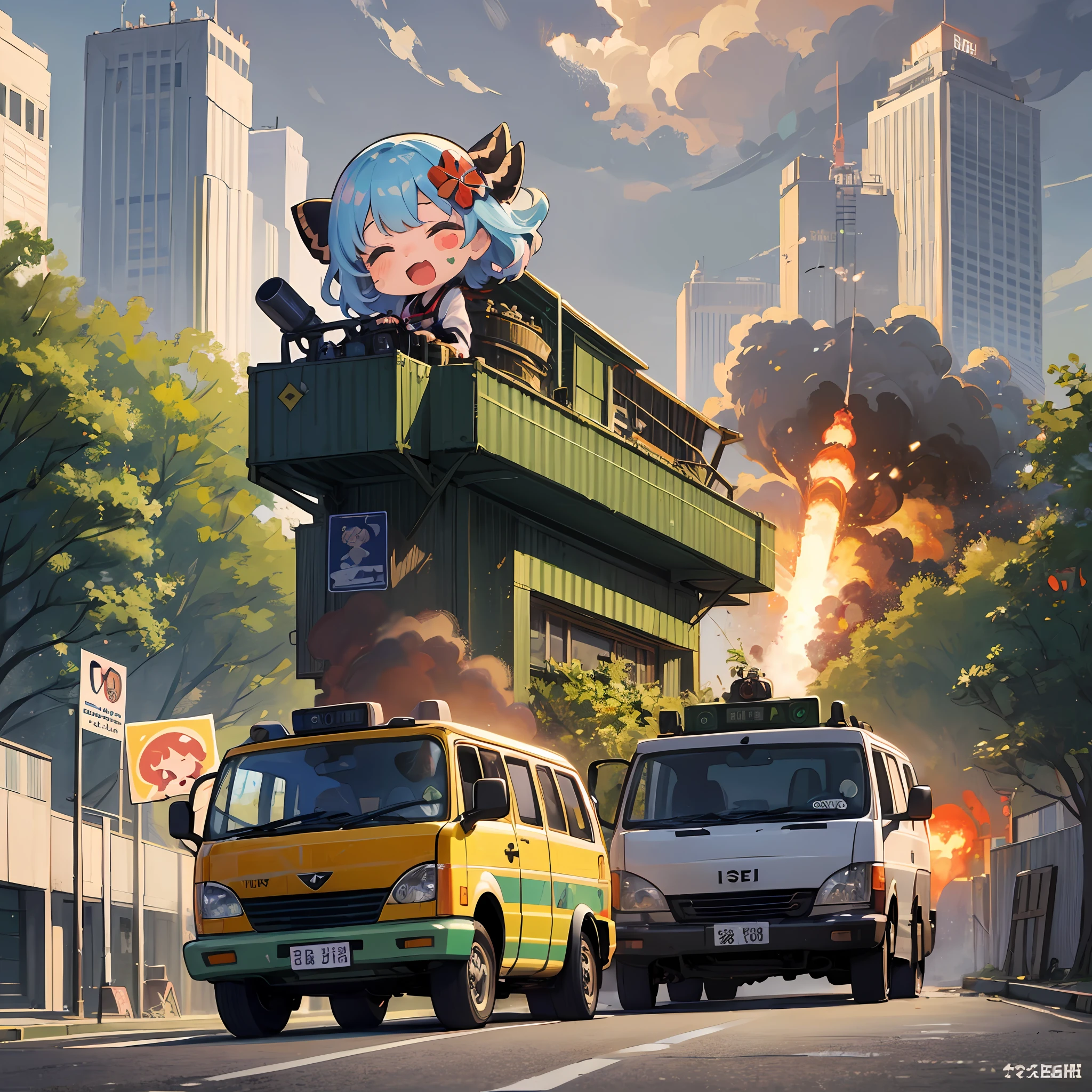 ((sticker:1.5)))、((Chibi Chara))、(rocket launcher)、Fluffy、The girls、Japan Parliament building explodes、Strong perm、Japan bombed the Capitol、Pose hitting rocket launcher、Chibi Chara、fully body、pastel-colored hair、Fairy tale、Fantastical、masterpiece、best qualiy、high picture quality