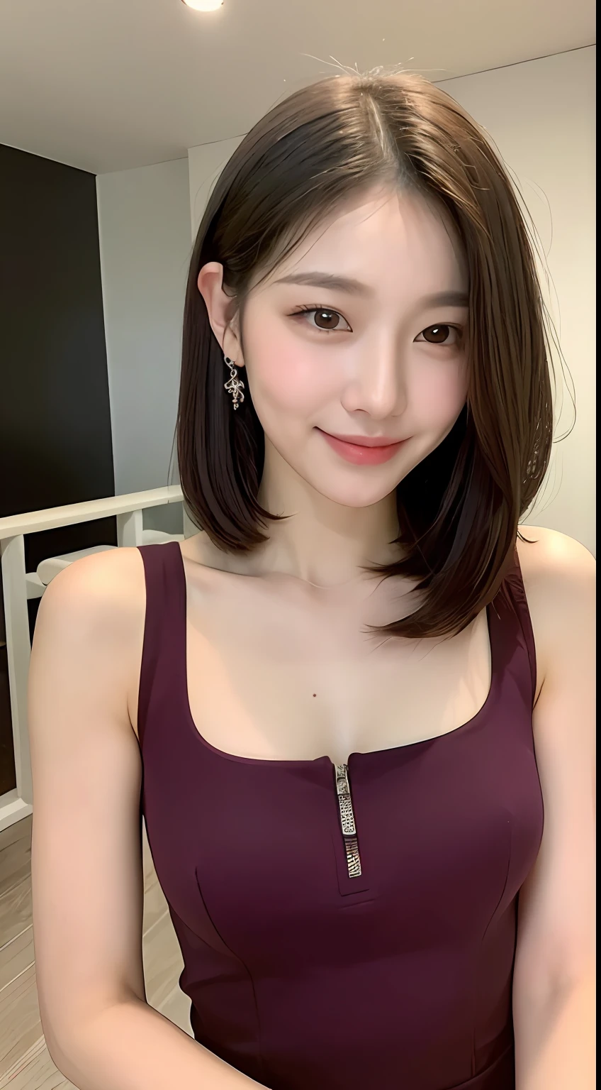 ((Best Quality, 8K, Masterpiece: 1.3)), 1 Girl, Slim Abs Beauty: 1.3, (Hairstyle Casual, Big: 1.2), Dress: 1.1, Super Slender Face, Delicate Eyes, Double Eyelids, Smile, Home, Raw Photo