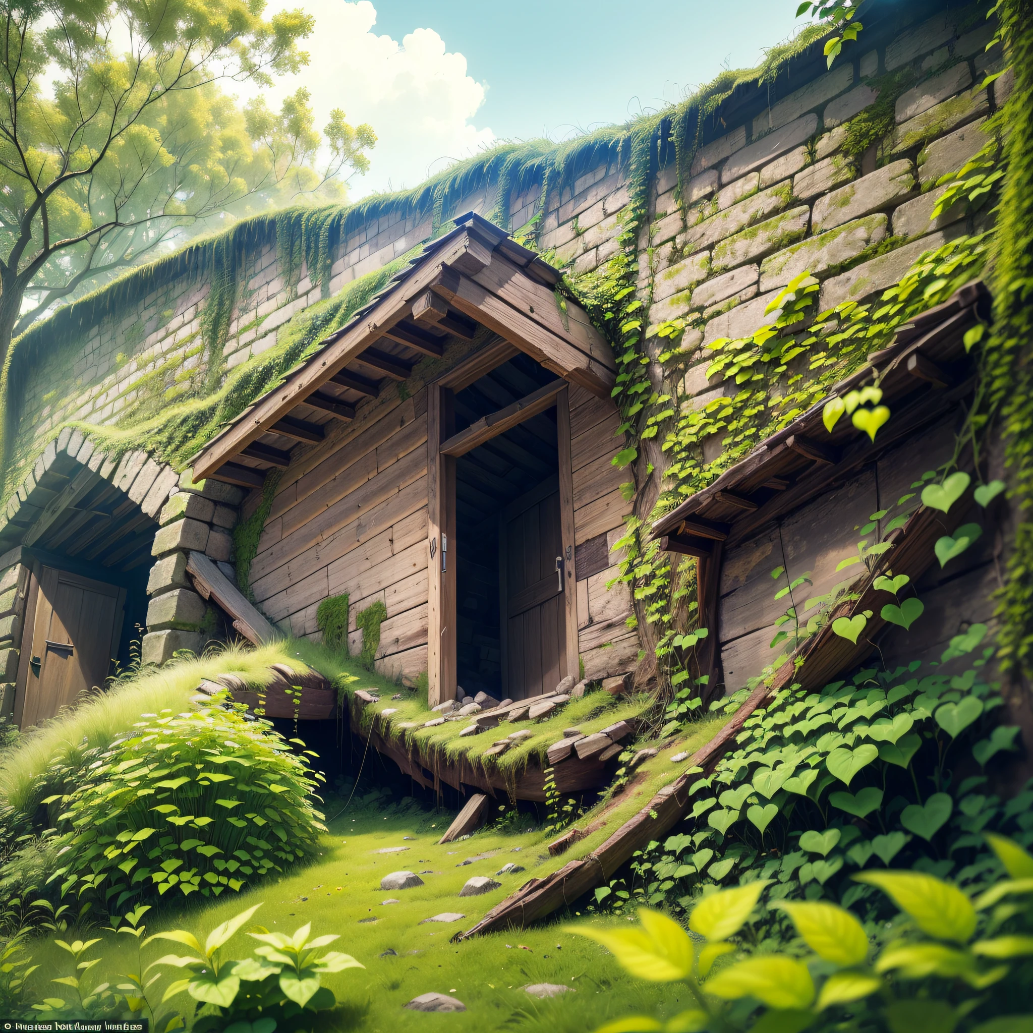 (Numerous award-winning masterpieces of, with incredible detail, textures and maximum detail), (an ultra realistic:1.4), (Realistic:1.3), (best quality real texture skin), (There are several medieval huts built illegally and parasitically in a forgotten and desolate medieval fort), (With the remains of a medieval fort covered in moss and ivy), (There are some slightly crumbling huts), (medieval architecture that is returning to nature), (Eroded by clear water), (Tree roots, ivy plants and beautiful plants crawling on stone walls), (Partially collapsed buildings: 0.6)