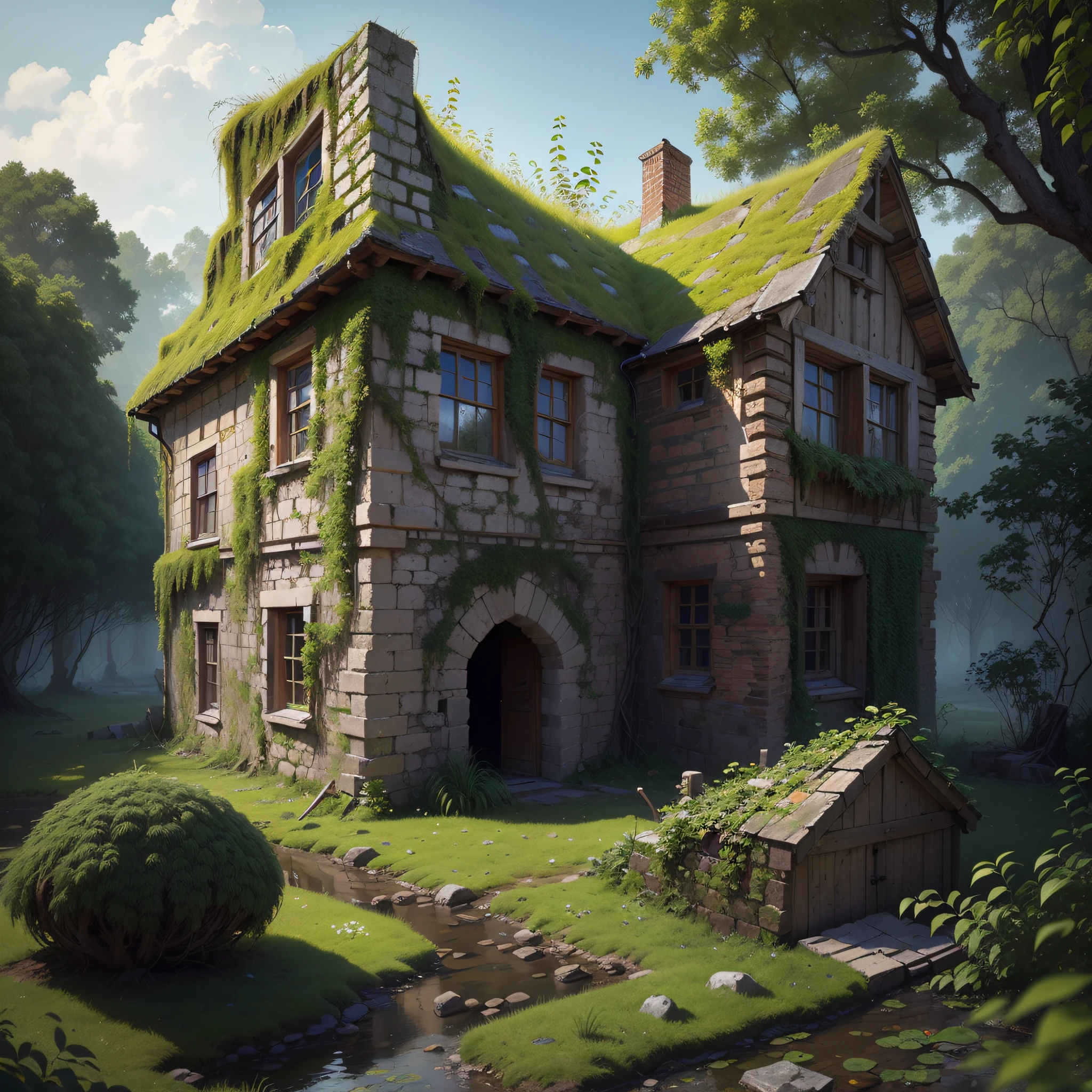 (Numerous award-winning masterpieces of, with incredible detail, textures and maximum detail), (an ultra realistic:1.4), (Realistic:1.3), (best quality real texture skin), (There are several medieval huts built illegally and parasitically in a forgotten and desolate medieval castle), (remains of a medieval castle covered in moss and ivy), (There are some slightly crumbling huts), (medieval architecture that is returning to nature), (Eroded by clear water), (Tree roots, ivy plants and beautiful plants crawling on stone walls), (Partially collapsed buildings: 0.6)
