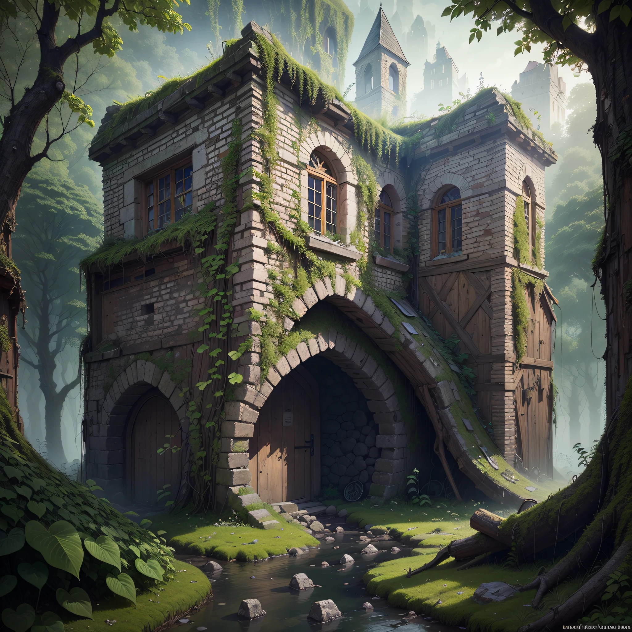 (Numerous award-winning masterpieces of, with incredible detail, textures and maximum detail), (an ultra realistic:1.4), (Realistic:1.3), (best quality real texture skin), (There are several medieval huts built illegally and parasitically in a forgotten and desolate medieval castle), (remains of a medieval castle covered in moss and ivy), (There are some slightly crumbling huts), (medieval architecture that is returning to nature), (Eroded by clear water), (Tree roots, ivy plants and beautiful plants crawling on stone walls), (Partially collapsed buildings: 0.6)