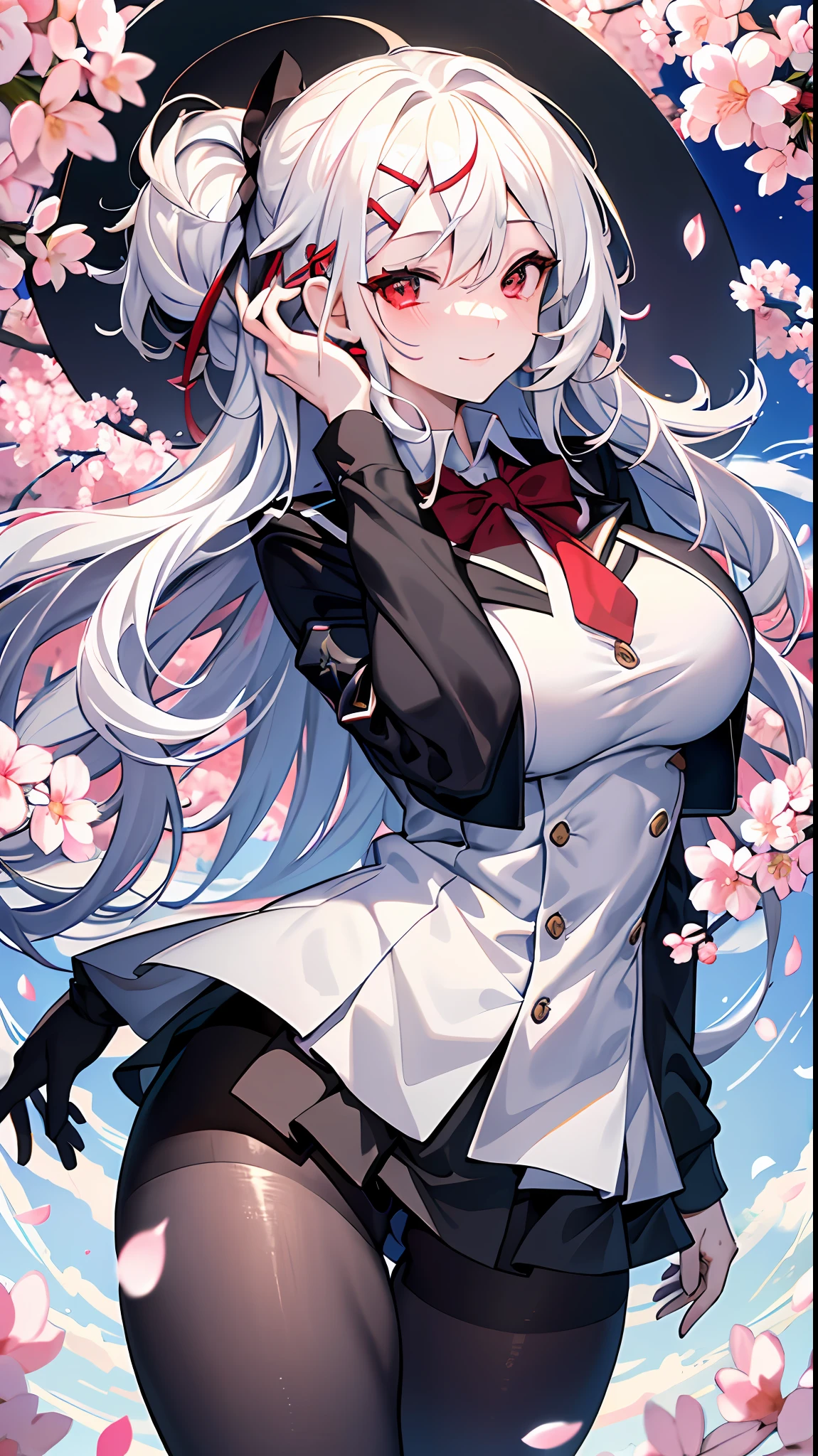 Under the blue sky，Above the sea of flowers，A cute loli machine lady sits in the middle of a sea of flowers，She held flowers in her hand，Sadness in the eyes，There were tears in the corners of his eyes，White hair and blue eyes，With a smile，There is a floating portal behind him，It is surrounded by green GN particles