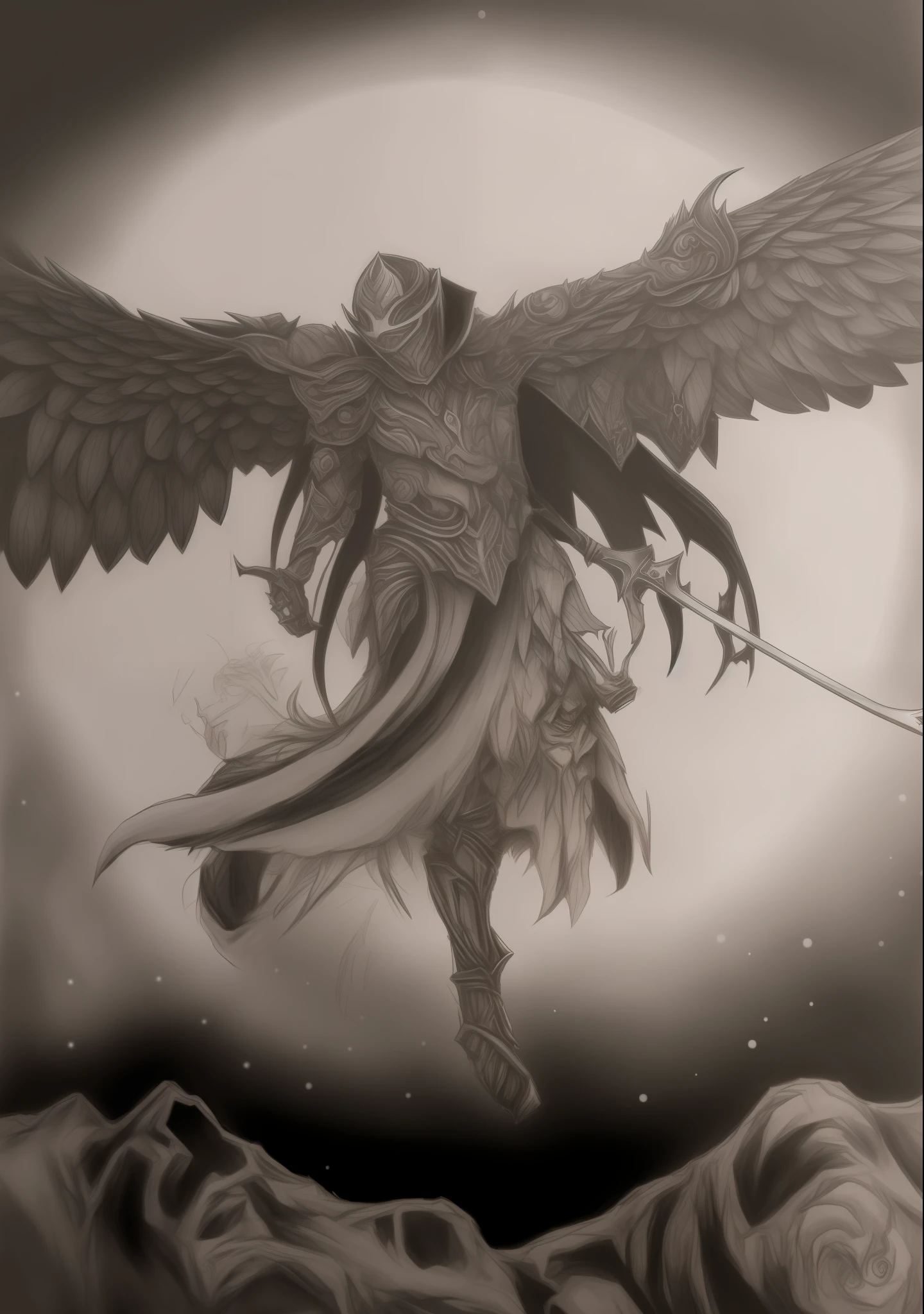 desenho de uma mulher anjo com longas asas,Holding Electric Swords,pele branca, longos cabelos negros,olhos azuis, vestido azulado e escuro,com tiras de armadura prateado.