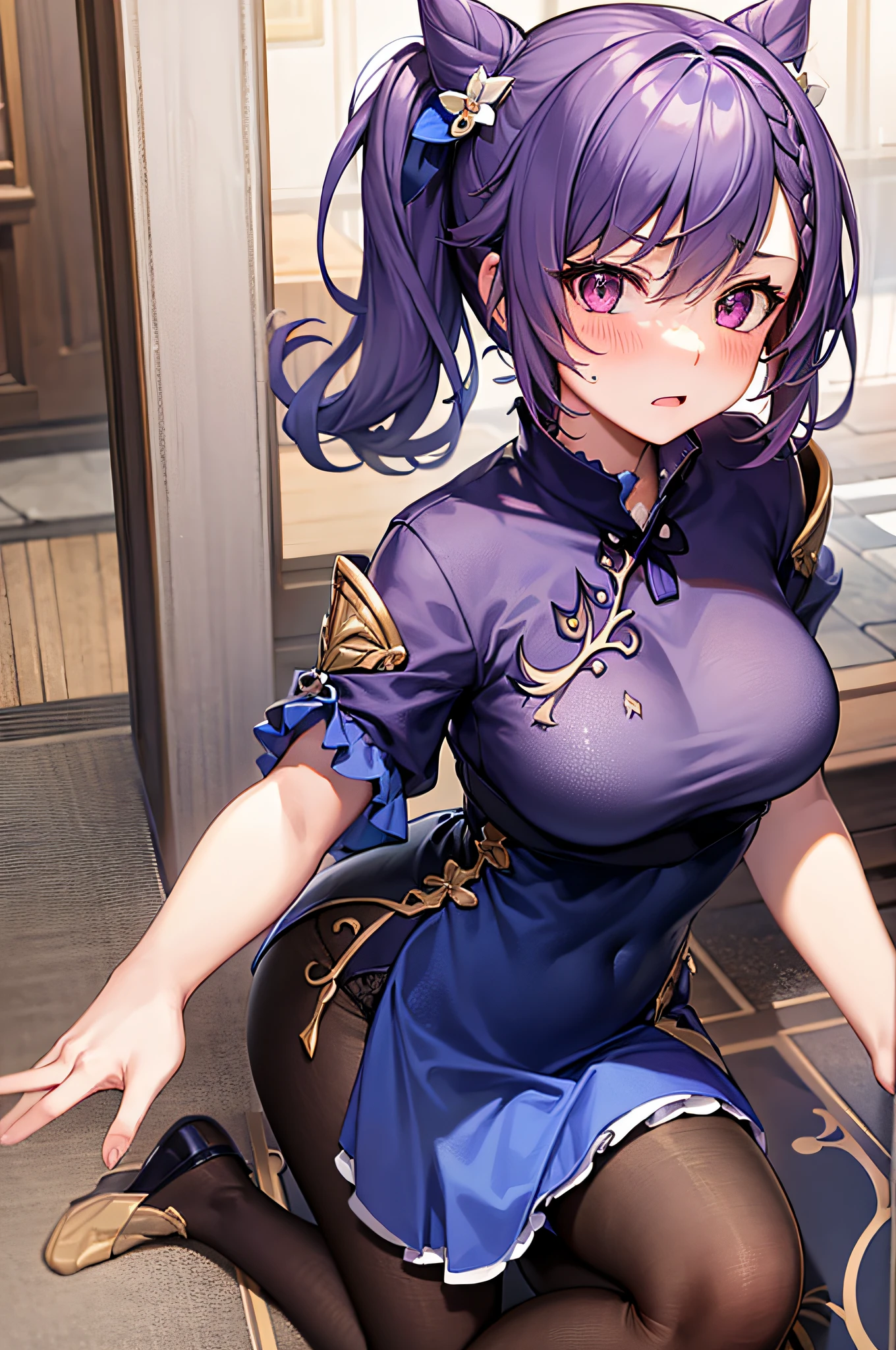 Bundle hands,Scared expressions,Double ponytail,white stocking,on cheongsam,Can see underwear ,HD 4K graphics,kneel,Blush face