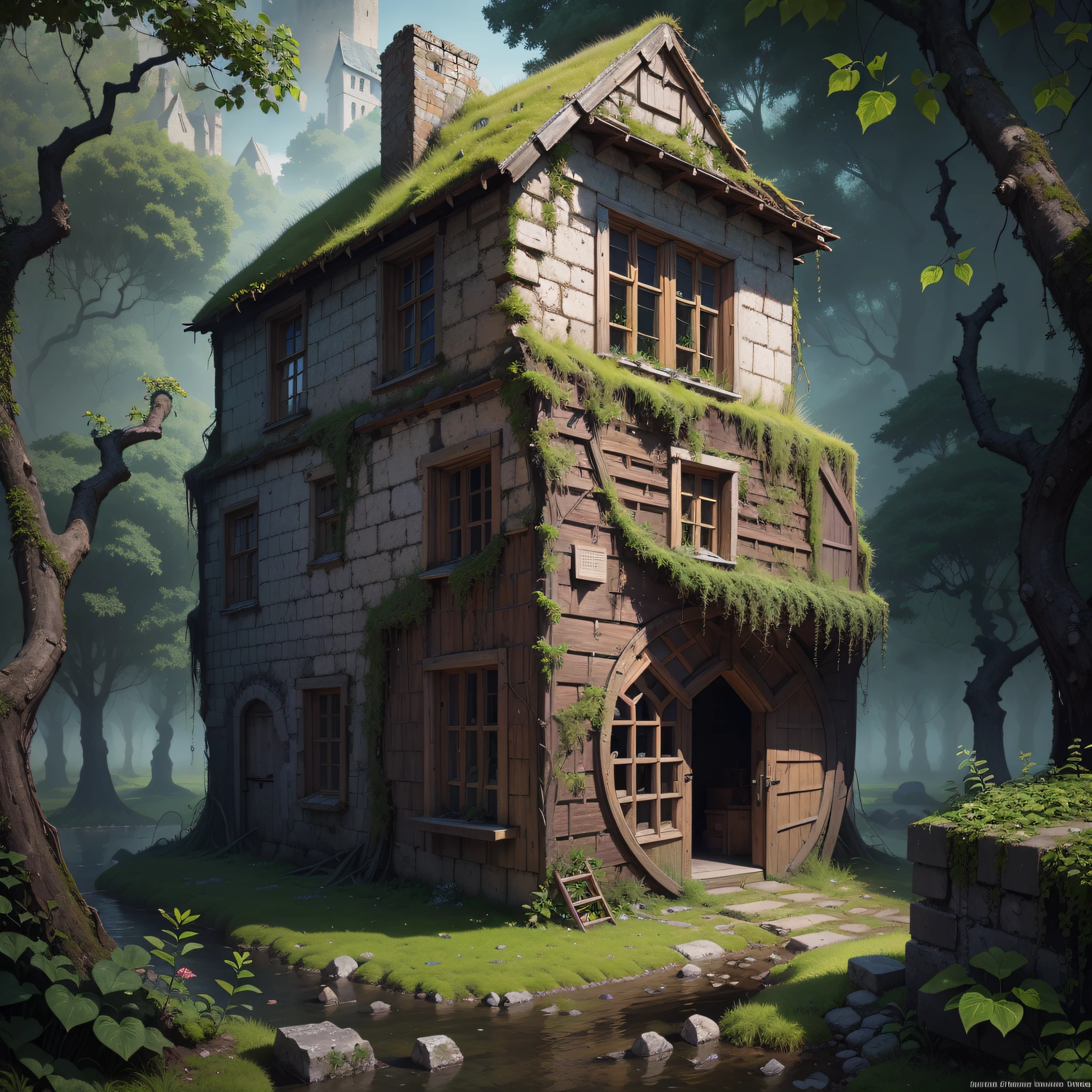 (Numerous award-winning masterpieces of, with incredible detail, textures and maximum detail), (an ultra realistic:1.4), (Realistic:1.3), (best quality real texture skin), (There are several medieval huts built illegally and parasitically in a forgotten and desolate medieval castle), (remains of a medieval castle covered in moss and ivy), (There are some slightly crumbling huts), (medieval architecture that is returning to nature), (Eroded by clear water), (Tree roots, ivy plants and beautiful plants crawling on stone walls), (Partially collapsed buildings: 0.6)