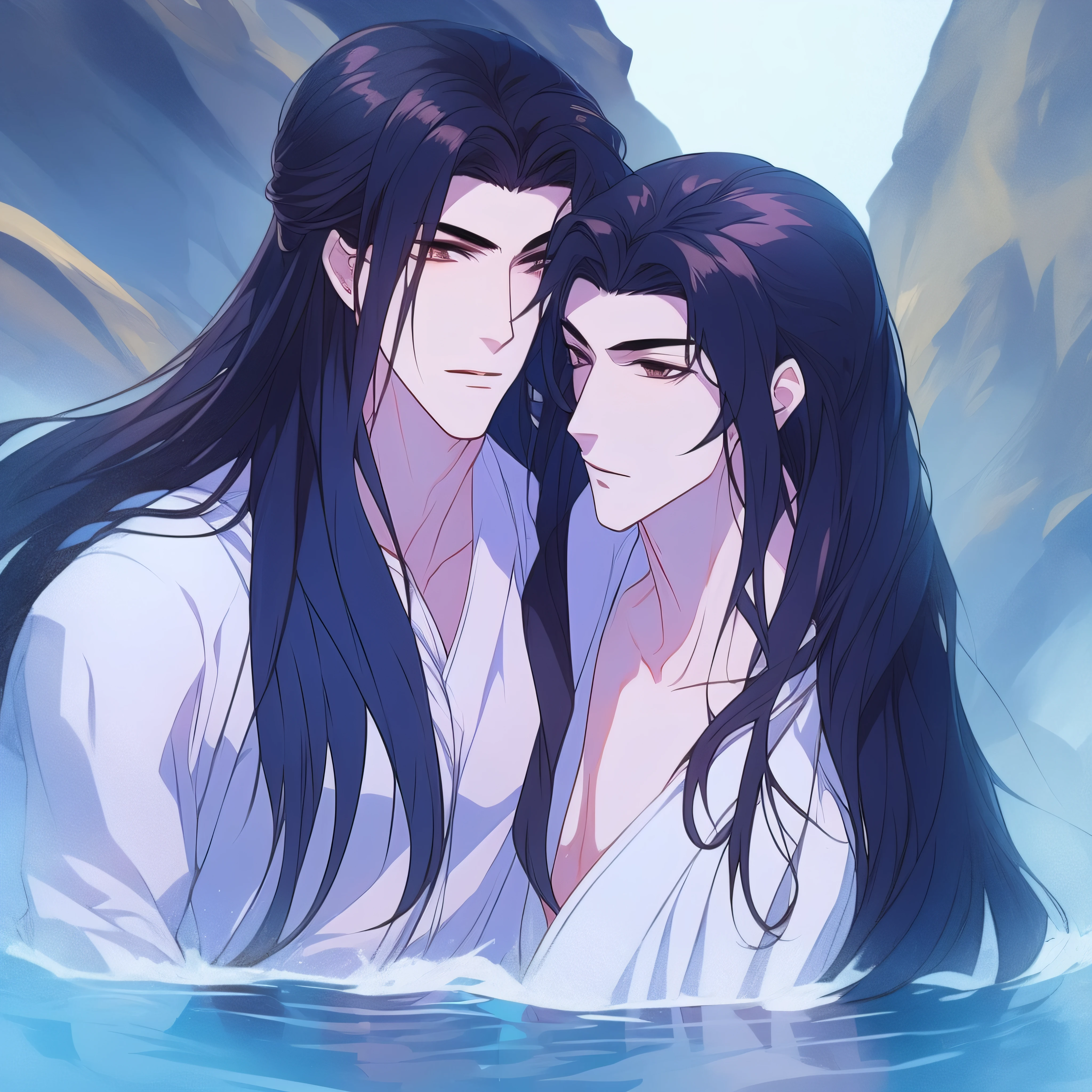 In the hot springs，A man with long hair hugged another handsome man tightly，They wore ancient style clothing，Leaning on the shore of the hot spring。