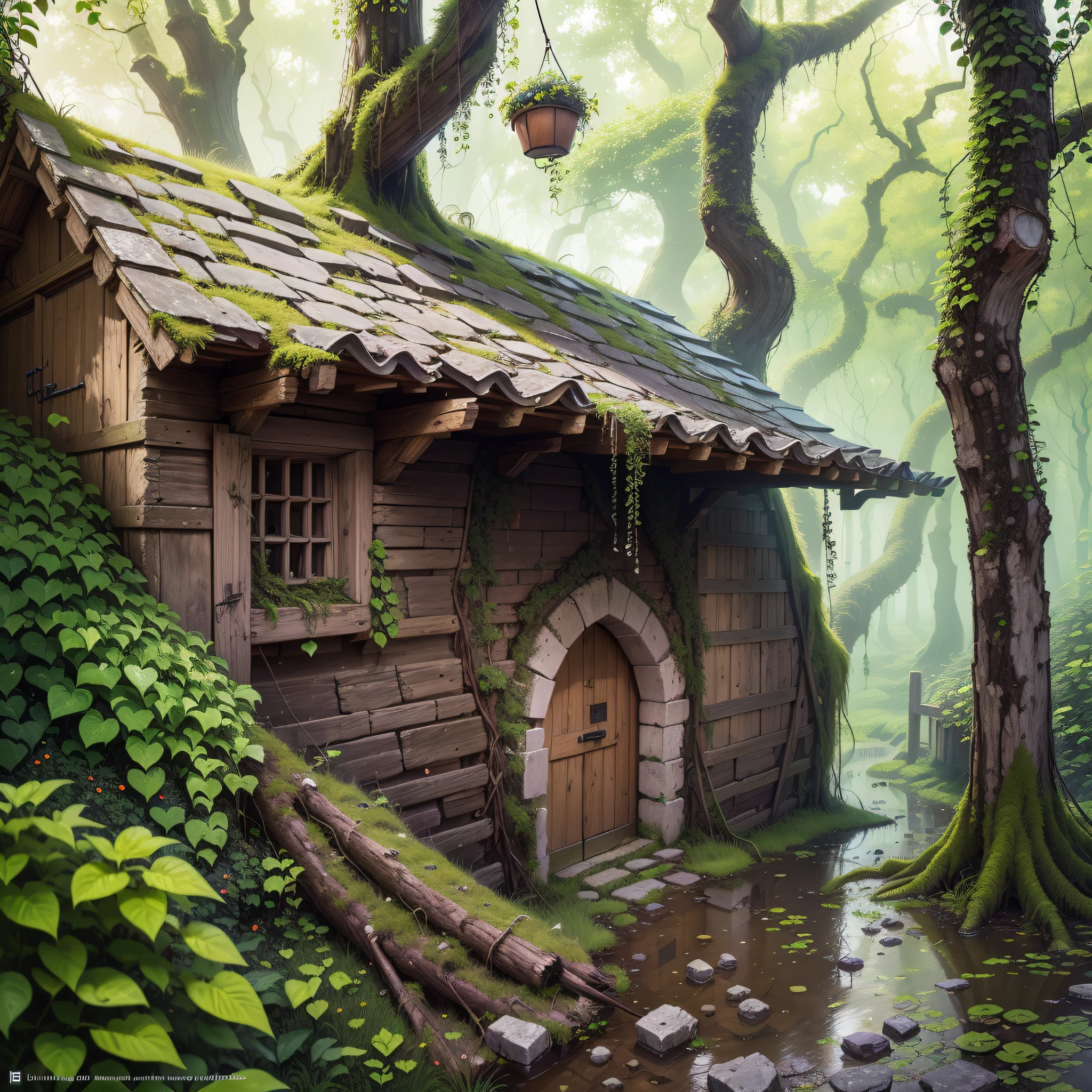 (Numerous award-winning masterpieces of, with incredible detail, textures and maximum detail), (an ultra realistic:1.4), (Realistic:1.3), (best quality real texture skin), (There are several medieval huts built illegally and parasitically in a forgotten and desolate medieval fort), (With the remains of a medieval fort covered in moss and ivy), (There are some slightly crumbling huts), (medieval architecture that is returning to nature), (Eroded by clear water), (Tree roots, ivy plants and beautiful plants crawling on stone walls), (Partially collapsed buildings: 0.6)