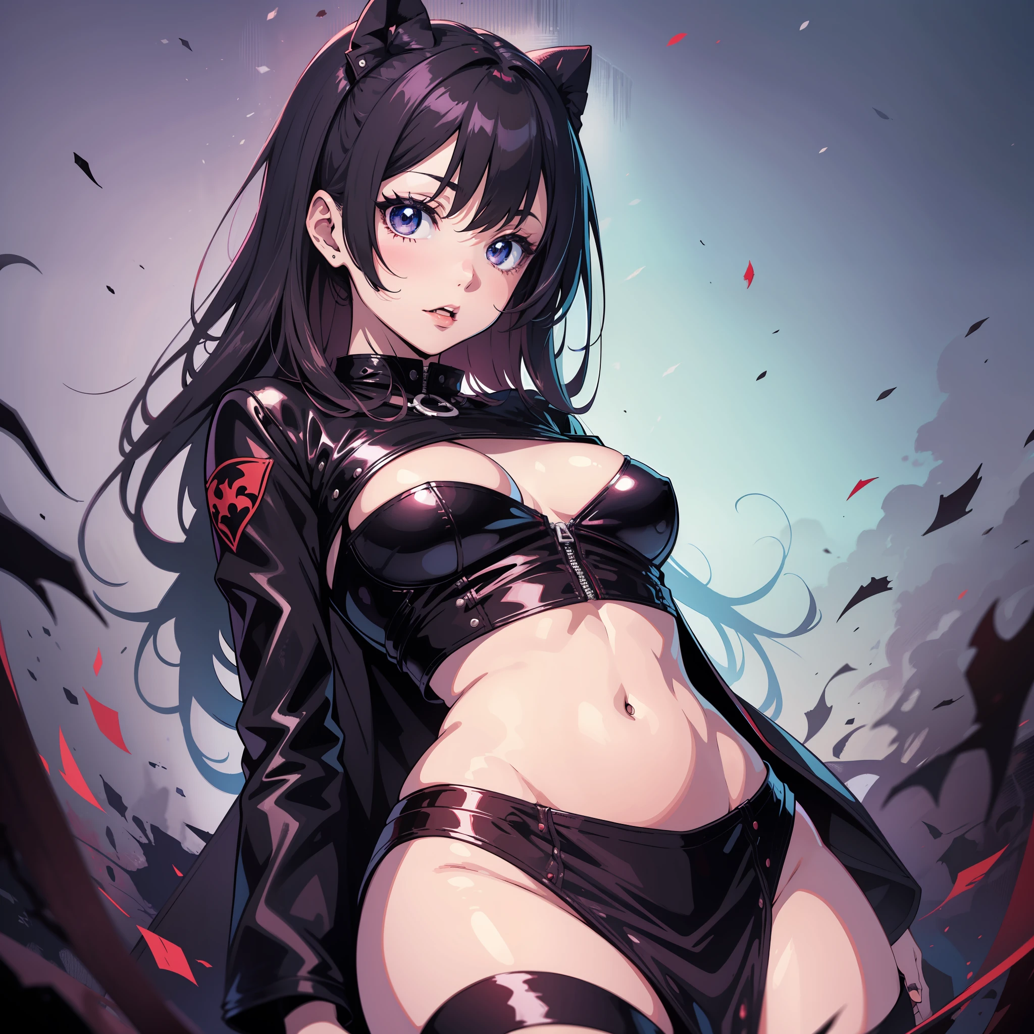 High quality, 4k image, 80s anime style, horror anime, ghotic style, one girl, standing pose, vampire, sexy leather dress, lowlight, night, detailed face,