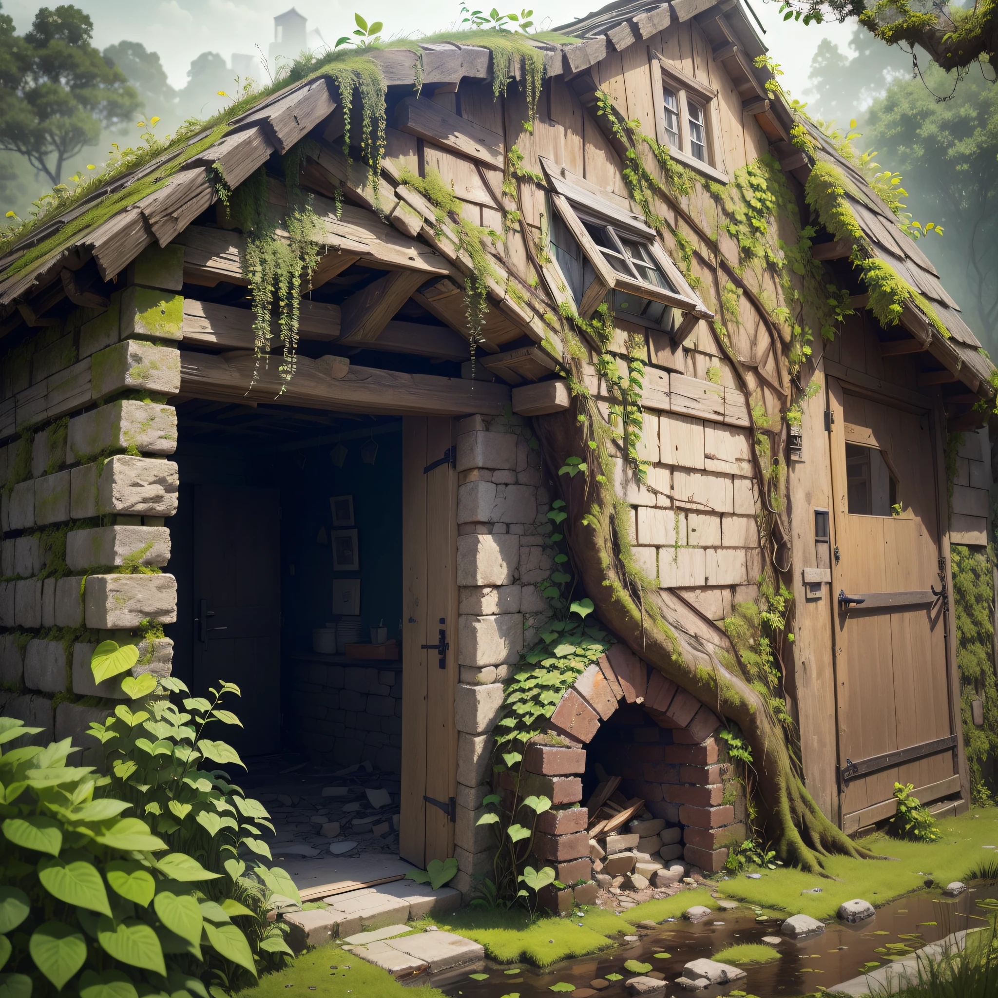(Numerous award-winning masterpieces of, with incredible detail, textures and maximum detail), (an ultra realistic:1.4), (Realistic:1.3), (best quality real texture skin), (There are several medieval huts built illegally and parasitically in a forgotten and desolate medieval fort), (With the remains of a medieval fort covered in moss and ivy), (There are some slightly crumbling huts), (medieval architecture that is returning to nature), (Eroded by clear water), (Tree roots, ivy plants and beautiful plants crawling on stone walls), (Partially collapsed buildings: 0.6)