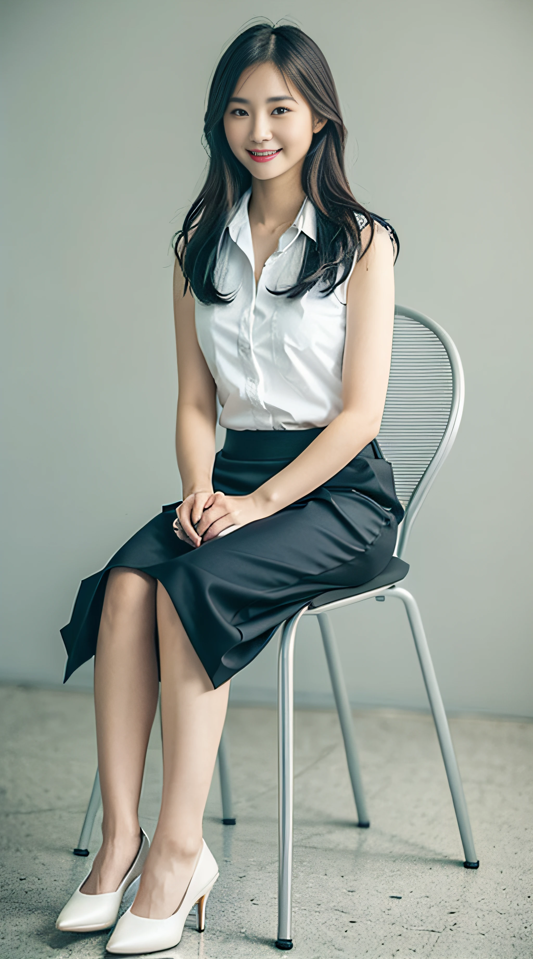 (in 8K、Raw photography、best qualiy、The Masterpiece:1.2)、High-definition RAW color photo、professional picture、(Realstic、Photo Real:1.37)、((best qualiy))、Cinematic light、(Face of detail:1.2)、(The Masterpiece:1.5)、(best qualiy:1.2)、beautiful lady、Beautiful skin、reluvy5213, Japan person model, korean girl, goddess of Japan, Height 165 cm, Gorgeous young Korean woman, Woman sitting on chair, Wearing a black miniskirt, Wearing a white sleeveless shirt、sitting on designer chair, sit in the chair, Sorrisos