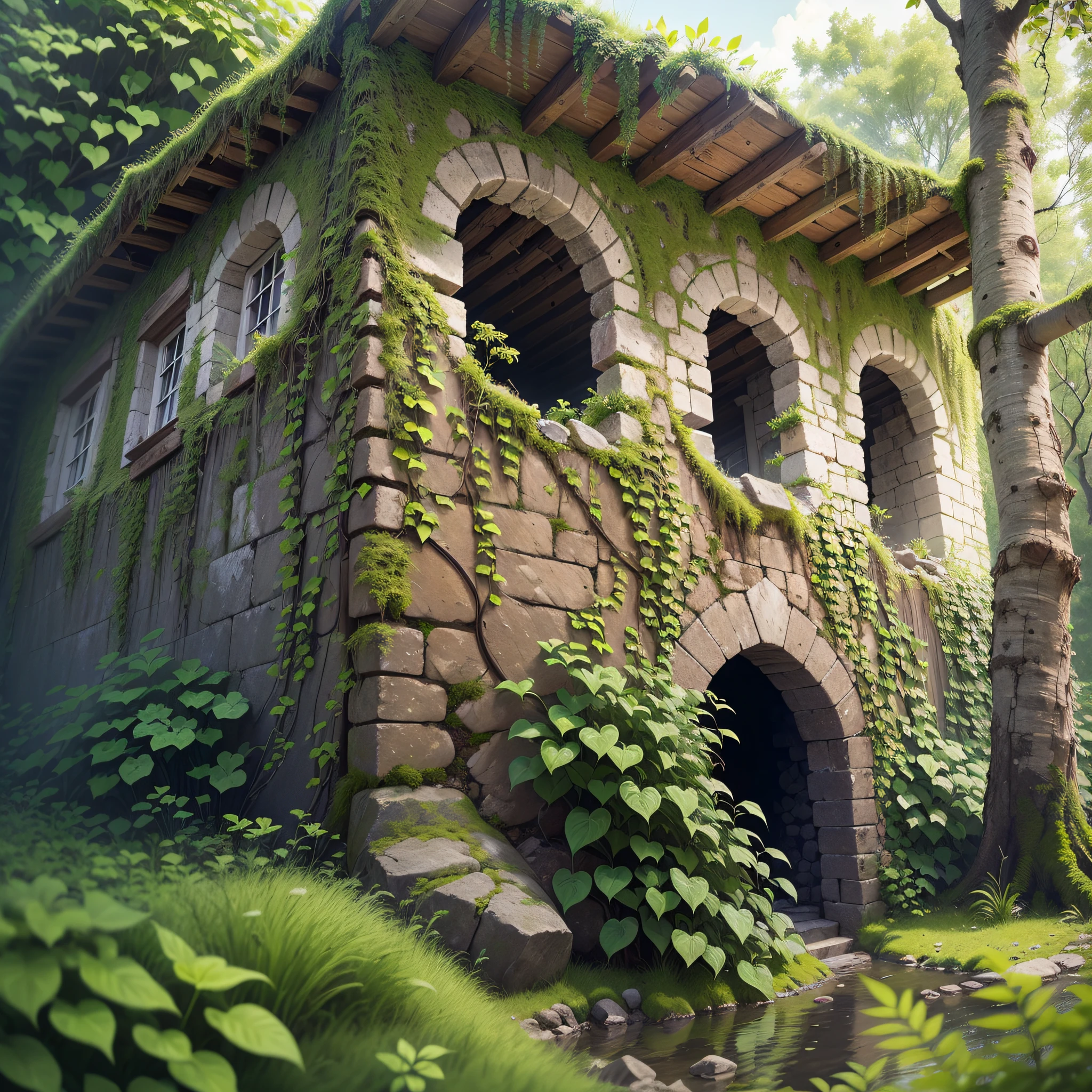 (Numerous award-winning masterpieces of, with incredible detail, textures and maximum detail), (an ultra realistic:1.4), (Realistic:1.3), (best quality real texture skin), (There are several medieval huts built illegally and parasitically in a forgotten and desolate medieval castle), (remains of a medieval castle covered in moss and ivy), (There are some slightly crumbling huts), (medieval architecture that is returning to nature), (Eroded by clear water), (Tree roots, ivy plants and beautiful plants crawling on stone walls), (Partially collapsed buildings: 0.6)