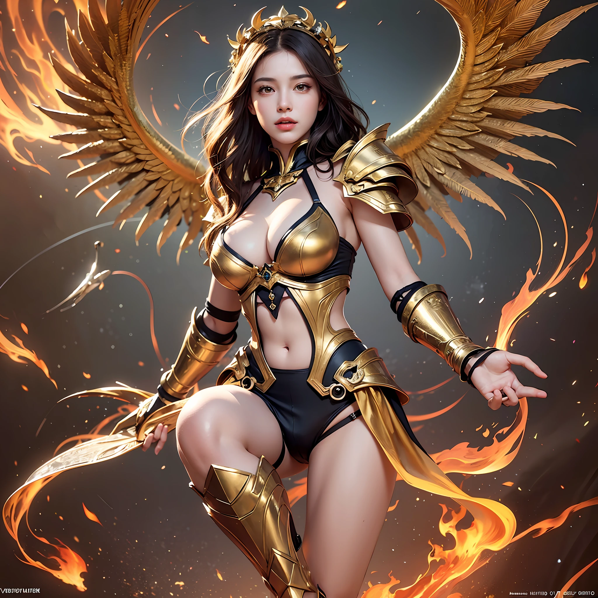 ENHANCED, head to toe image, photorealistic, distant shot, full character portrait, full character shot, full body shot of a female creature of rock and fire, reddish facial skin, looking at the camera, fully yellow eyes, (no hair on head), head with flames, large Titis, 3D, slender, has a very dark gray cracked rock body, golden armor covering his chest in the form of an open bra, golden shoulder pads with pointed shapes, golden gauntlets with spikes shapes, hands are fire, golden armor on legs to thighs, hind wings of fire, background ancient tunnel, glowing shadows, sun, reflection, art by Vasiliy Kovpak, ultra detailed photo, fully detailed photo, perfect anatomy, depth field, ultra focus, ultra sharp, ultra detailed, ultra detailed background, detailed eyes, pretty hair, pretty legs, whole head, top of head, pretty calves, pretty feet, 16k resolution, realistic, clearance, space free underfoot.
