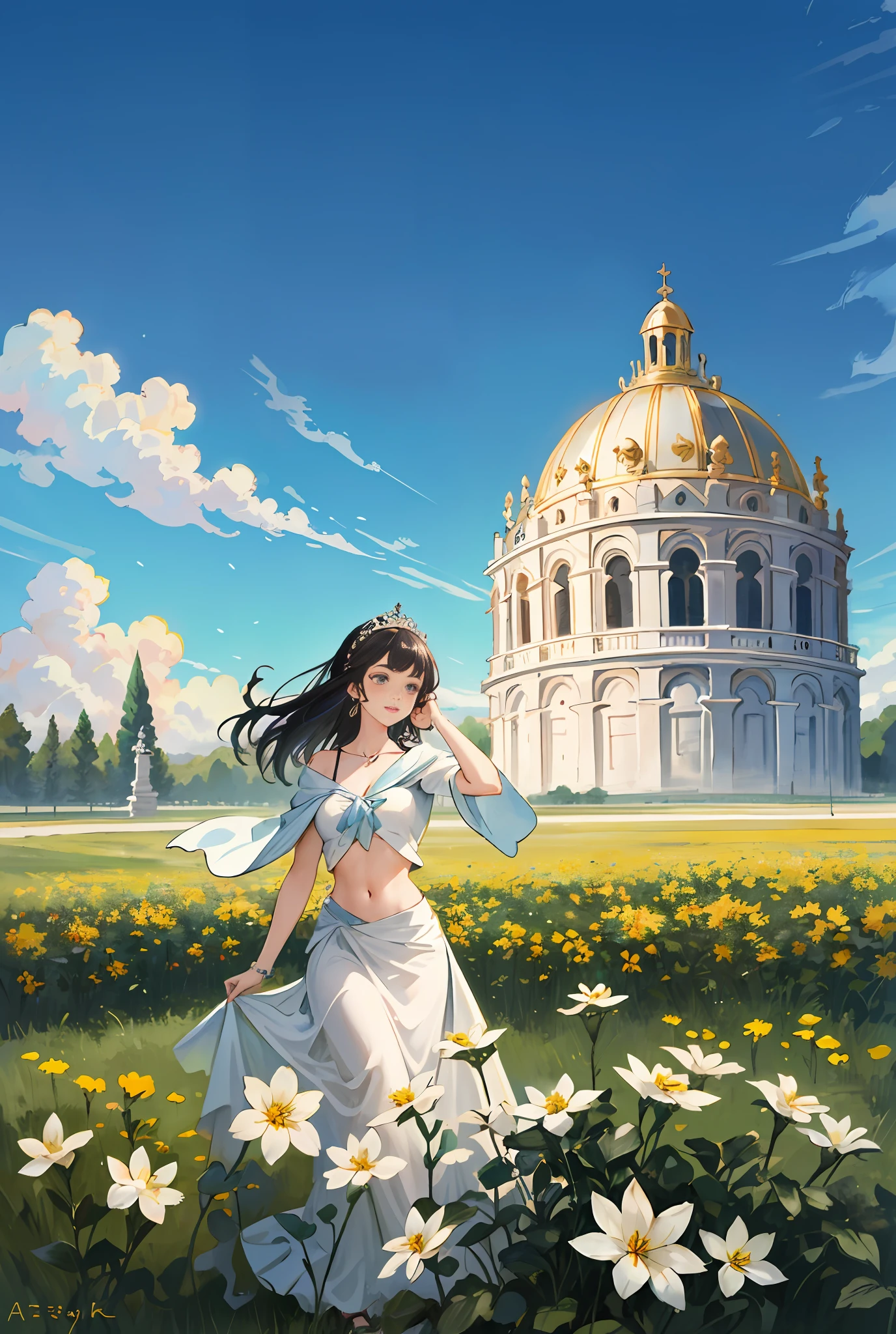 Model shooting style, (extremely detailed CG Unity 8k wallpaper), full-shot body photo of the most beautiful artwork in the world, stunning beautiful photo realistic available, super realistic super detailed photo, a beautiful girl as a female dancer,complex dress, banquet, crowd, [slight smile],(Chateau de Versailles, Pisa Baptistery Of St. John background, Flowers,navel,crowd),(princess eyes, shining pupils), detailed symmetrical beautiful hazel eyes, detailed gorgeous face, highly detailed, Vibrant, professional majestic oil painting by Ed Blinkey, Atey Ghailan, Studio Ghibli, Jeremy Mann, Greg Manchess, Antonio Moro, ArtStation Trends, CGSociety Trends, Complex, High Detail, Sharp Focus, Dramatic, Realistic Painting Art, by Midjourney and Greg Written by Rutkowski