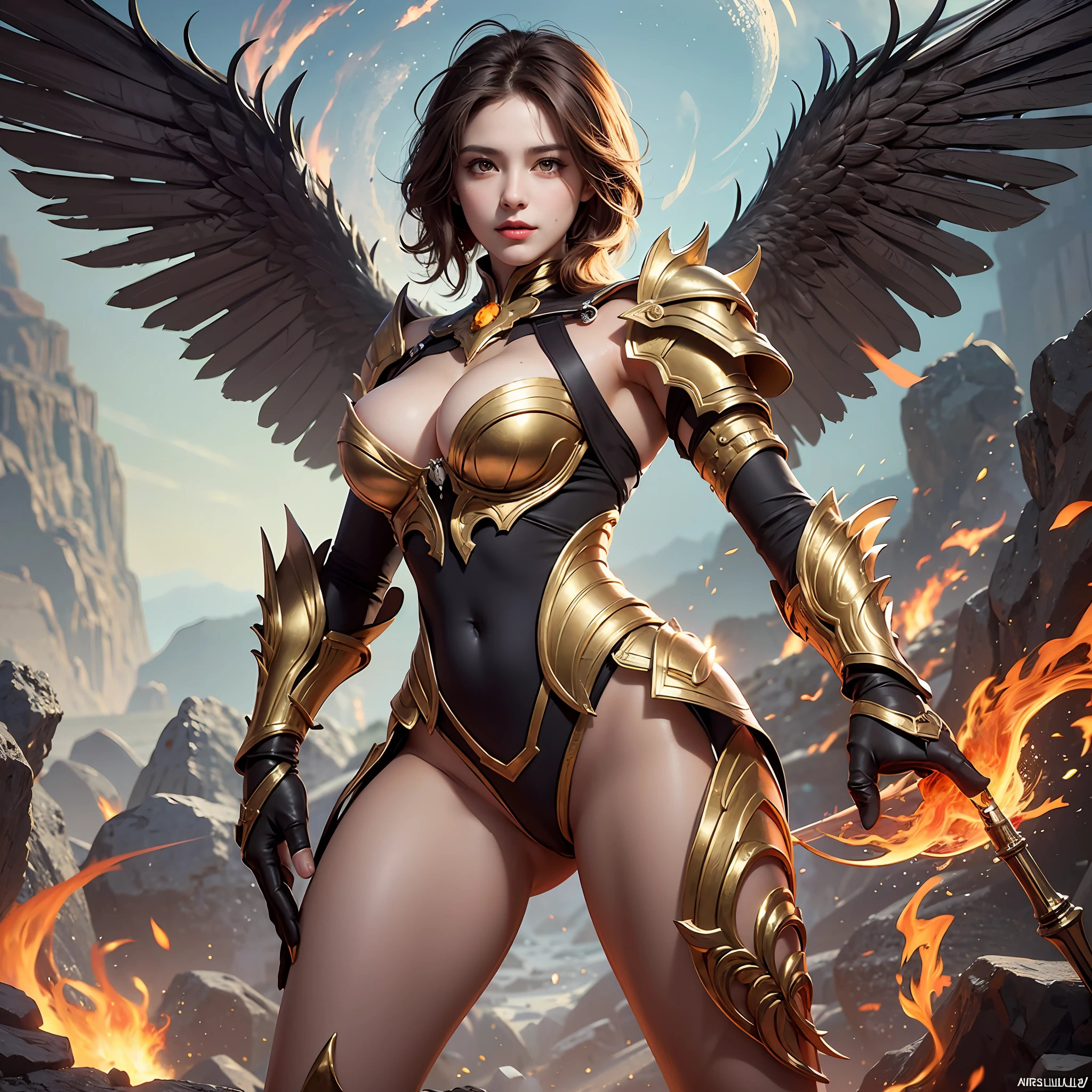 ENHANCED, head to toe image, photorealistic, distant shot, full character portrait, full character shot, full body shot of a female creature of rock and fire, reddish facial skin, looking at the camera, fully yellow eyes, (no hair on head), head with flames, large Titis, 3D, slender, has a very dark gray cracked rock body, golden armor covering his chest in the form of an open bra, golden shoulder pads with pointed shapes, golden gauntlets with spikes shapes, hands are fire, golden armor on legs to thighs, hind wings of fire, background ancient tunnel, glowing shadows, sun, reflection, art by Vasiliy Kovpak, ultra detailed photo, fully detailed photo, perfect anatomy, depth field, ultra focus, ultra sharp, ultra detailed, ultra detailed background, detailed eyes, pretty hair, pretty legs, whole head, top of head, pretty calves, pretty feet, 16k resolution, realistic, clearance, space free underfoot.