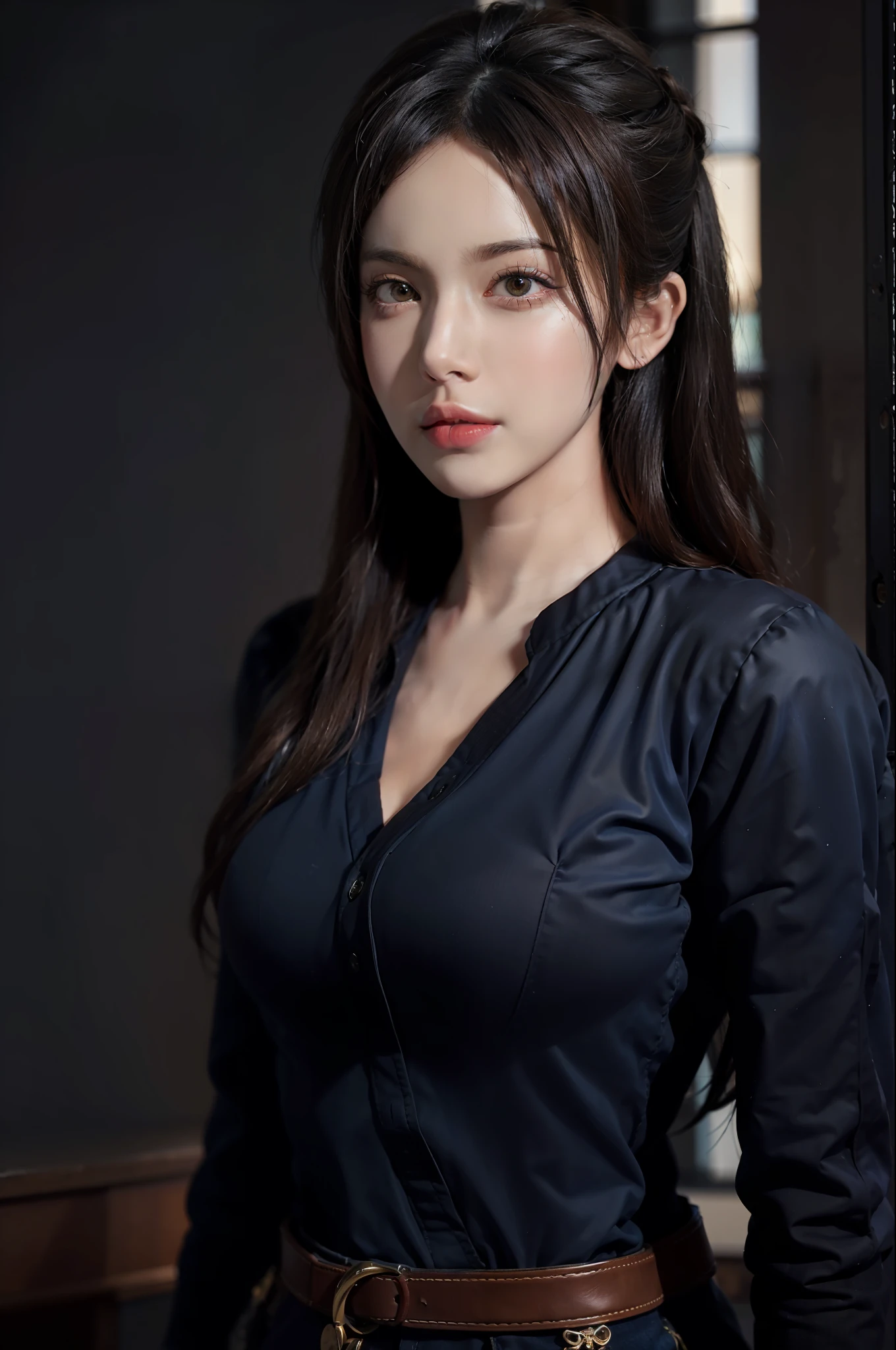 Hyperrealist portrait of female by david hockney and alphonse mucha,fantasy art, photo realistic, dynamic lighting, artstation, poster, volumetric lighting, very detailed faces, 4 k, award winning,, 1girl, in the dark, deep shadow, low key,cowboy shot,(official clothing:1.4) ,long hair,white hair,