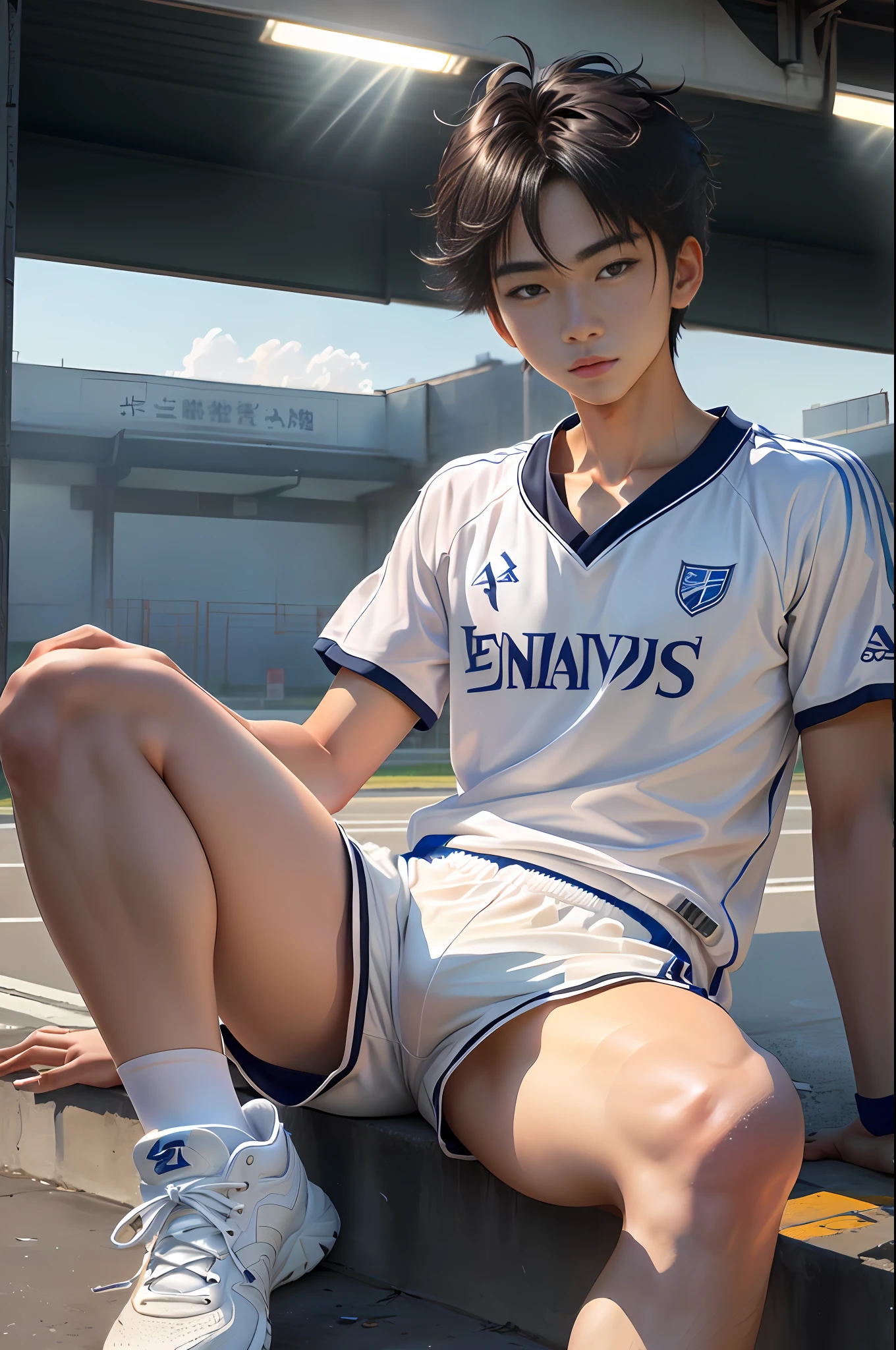 独奏,officlal art, 8k wallpapers, Ultra Verbose, Beautiful and aesthetic, beautifull, The Masterpiece, best possible quality, raw,The Masterpiece,Super detailed anime,best qulity,ultra-highresolution,sunrays,fully body portrait,stunningly beautiful,dynamicpose,Exquisiteface,Vibrant eyes,(view from front),Detailed face,Detailed and complex busy background,untidy,gorgeou,milky white lewd,Sharp focus,Volumetric fog,8K UHD,high qulity,filmgrain,faired skin,pov from below, translucency,2-dimensional,2 d anime,Anime male protagonist,The thin boy sat on the ground,White jersey,White shorts,White sport socks,White sneakers