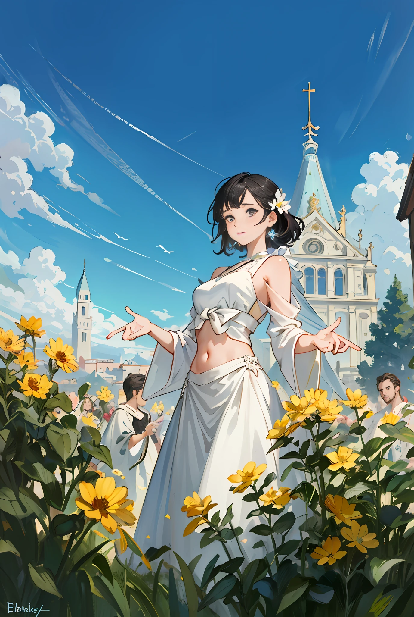 Model shooting style, (extremely detailed CG Unity 8k wallpaper), full-shot body photo of the most beautiful artwork in the world, stunning beautiful photo realistic available, super realistic super detailed photo, a beautiful girl as a female dancer,complex dress, banquet, crowd, [slight smile],(Chateau de Versailles, Pisa Baptistery Of St. John background, Flowers,navel,crowd),(princess eyes, shining pupils), detailed symmetrical beautiful hazel eyes, detailed gorgeous face, highly detailed, Vibrant, professional majestic oil painting by Ed Blinkey, Atey Ghailan, Studio Ghibli, Jeremy Mann, Greg Manchess, Antonio Moro, ArtStation Trends, CGSociety Trends, Complex, High Detail, Sharp Focus, Dramatic, Realistic Painting Art, by Midjourney and Greg Written by Rutkowski